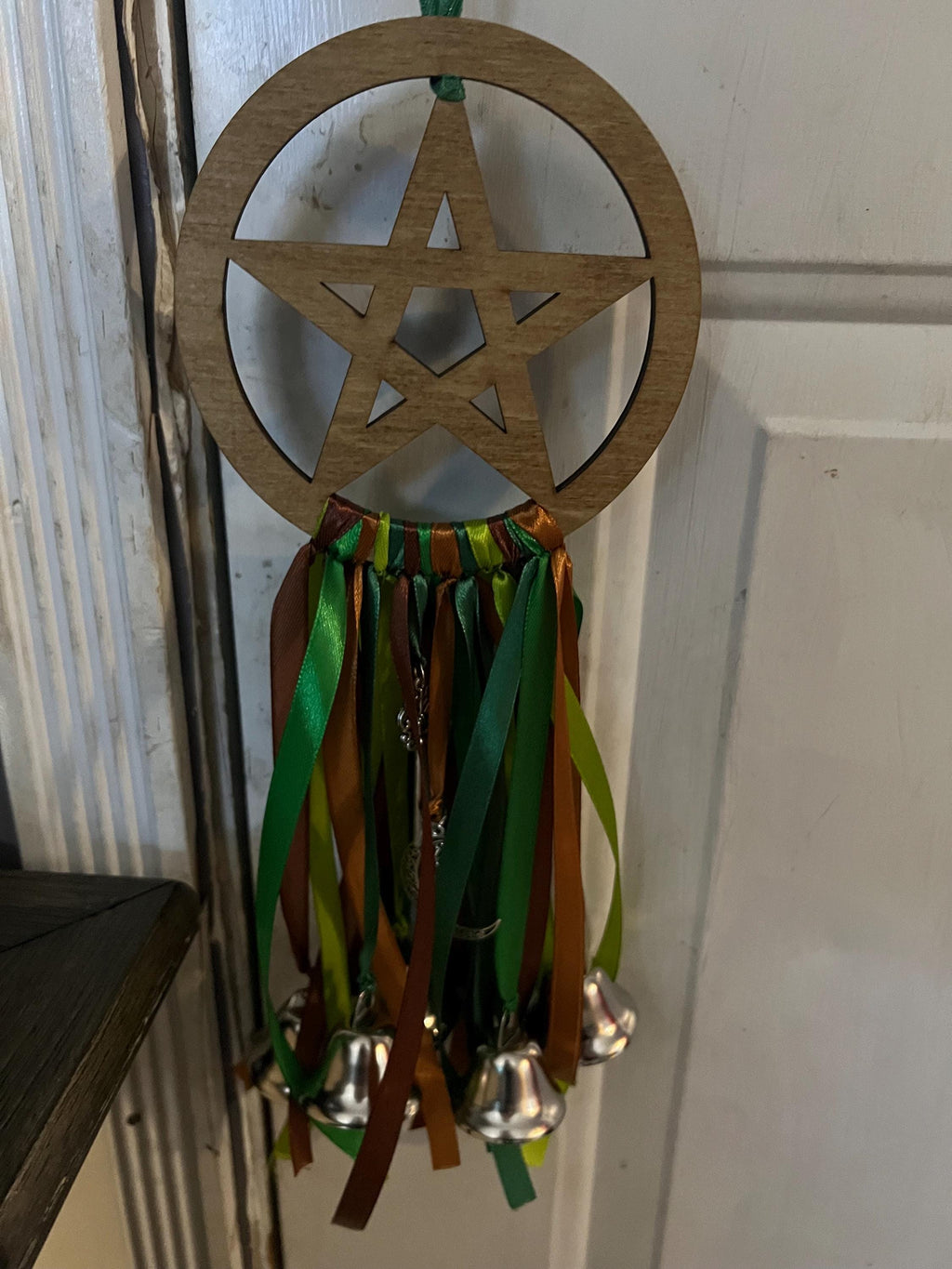 Green Witch Bells: Pentacle Door Hanger, Spiritual Protection