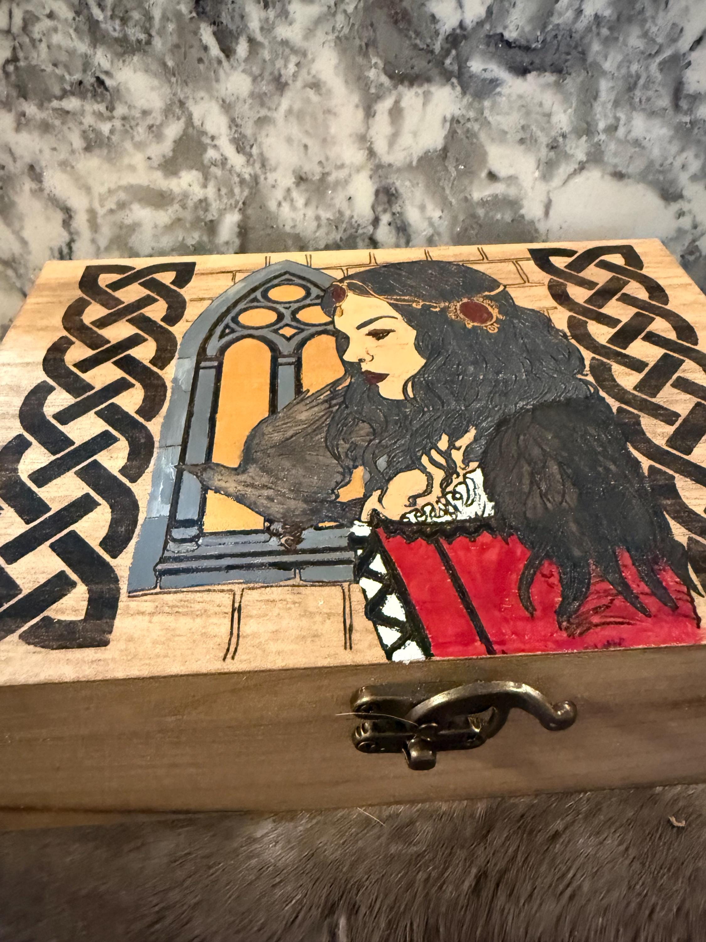 The Morrigan Altar Box: Wood-Burned Celtic Goddess Altar Decor