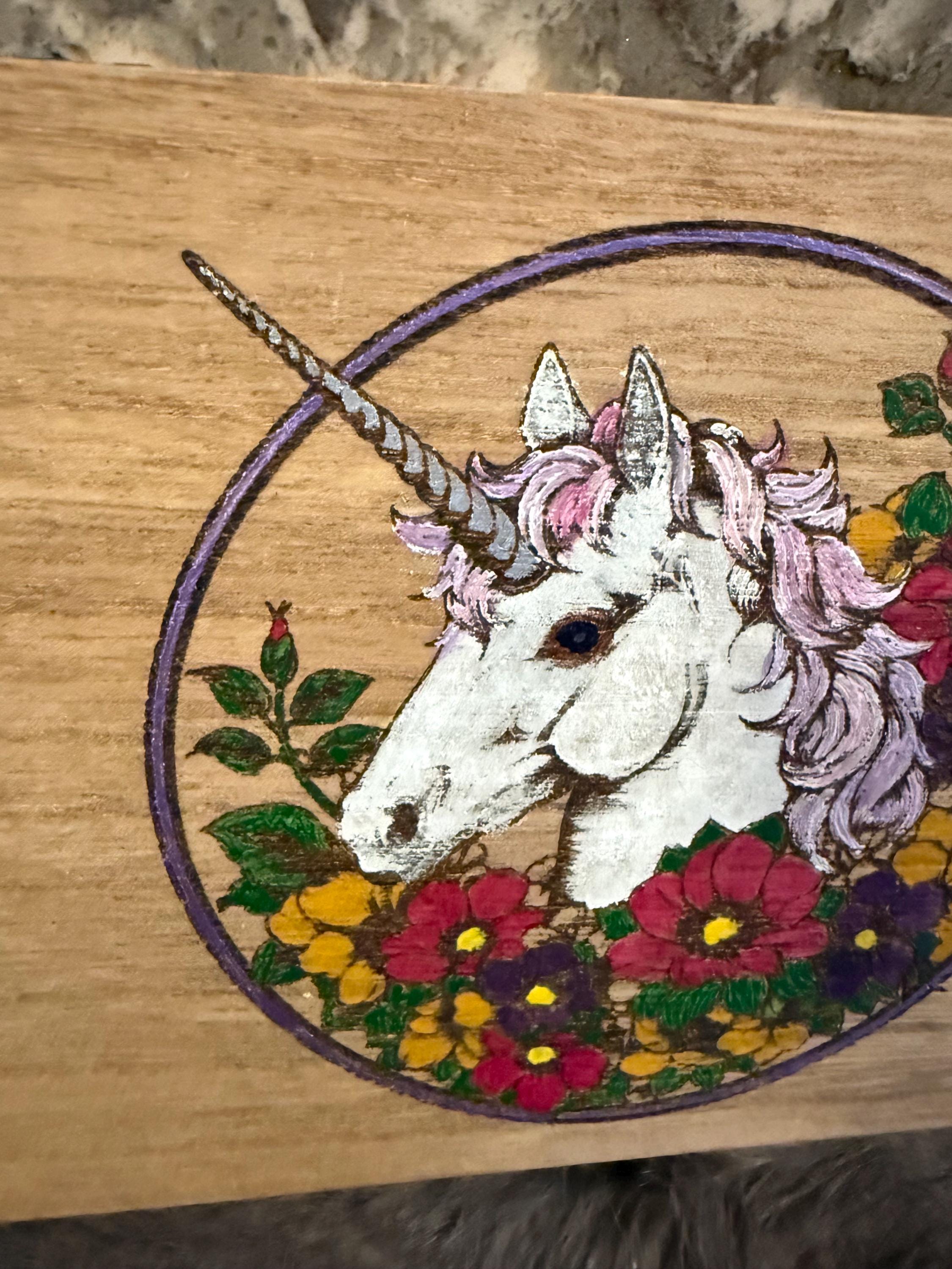 Wood Burned Unicorn Altar Box: Fantasy Wildflower Design
