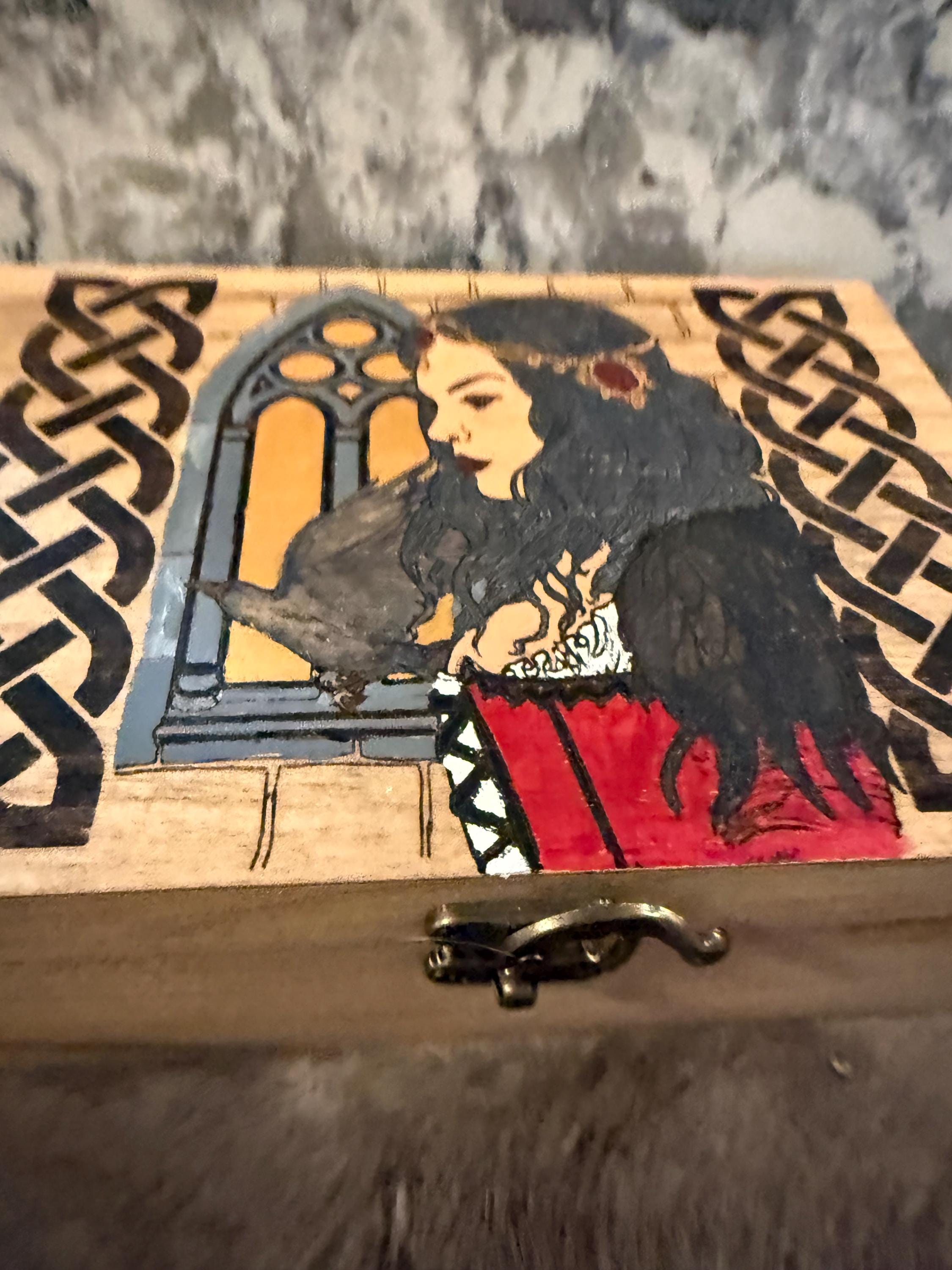 The Morrigan Altar Box: Wood-Burned Celtic Goddess Altar Decor