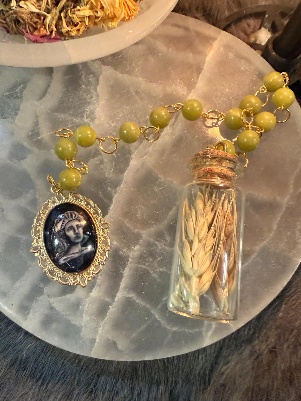 Demeter Prayer Beads: Green Jade, Dried Wheat, Goddess Altar Tool