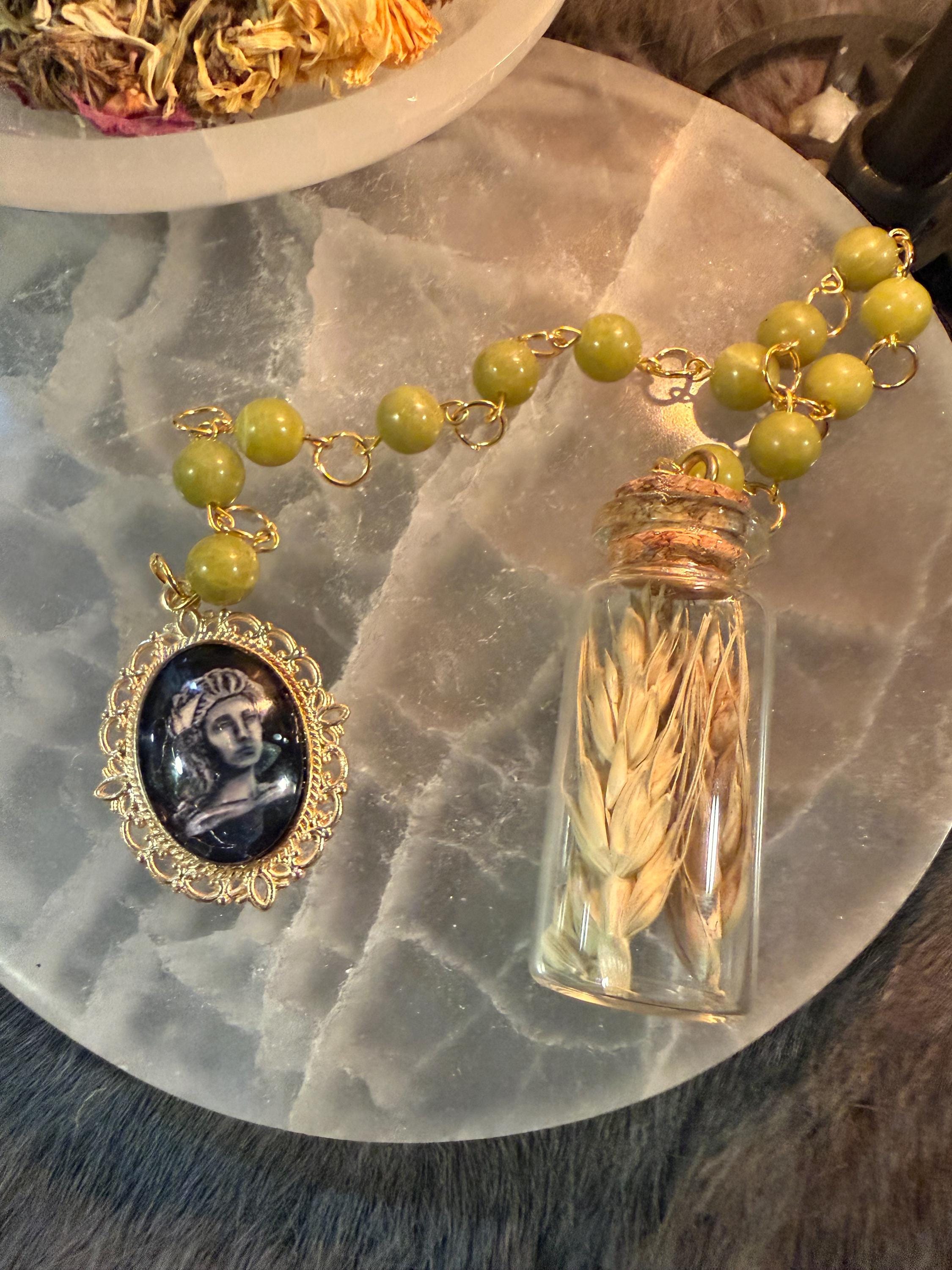 Demeter Prayer Beads: Green Jade, Dried Wheat, Goddess Altar Tool
