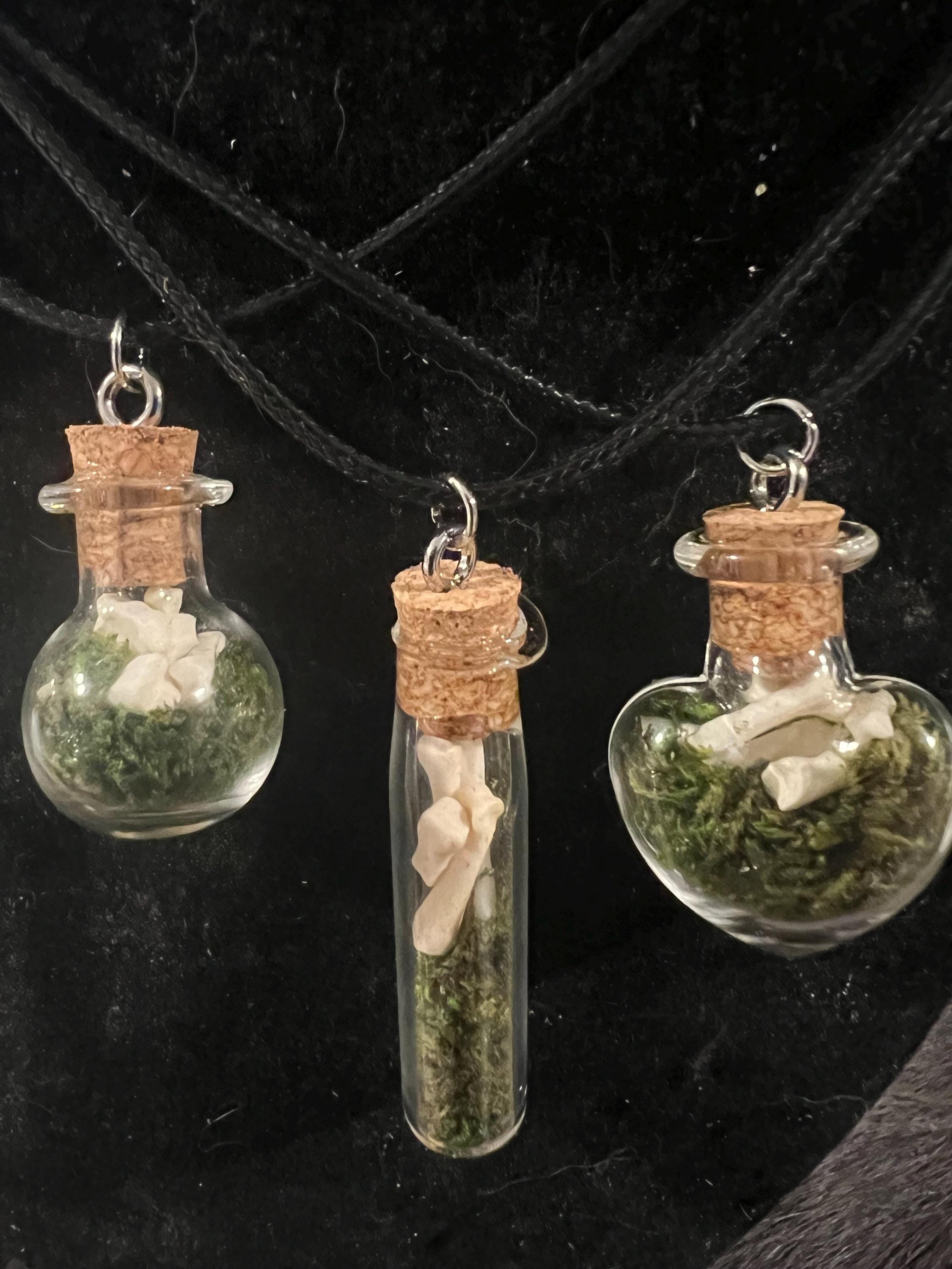 Bone Vial Necklace: Moss & Tiny Bones, Witchy Goblincore Jewelry
