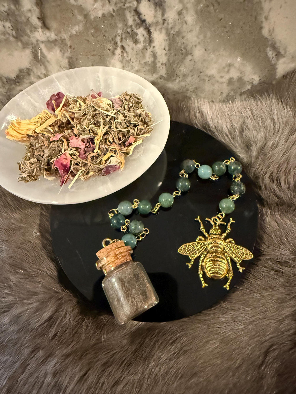 Brigid Deity Prayer Beads: Moss Beads, Bee Charm, Sheep's Wool