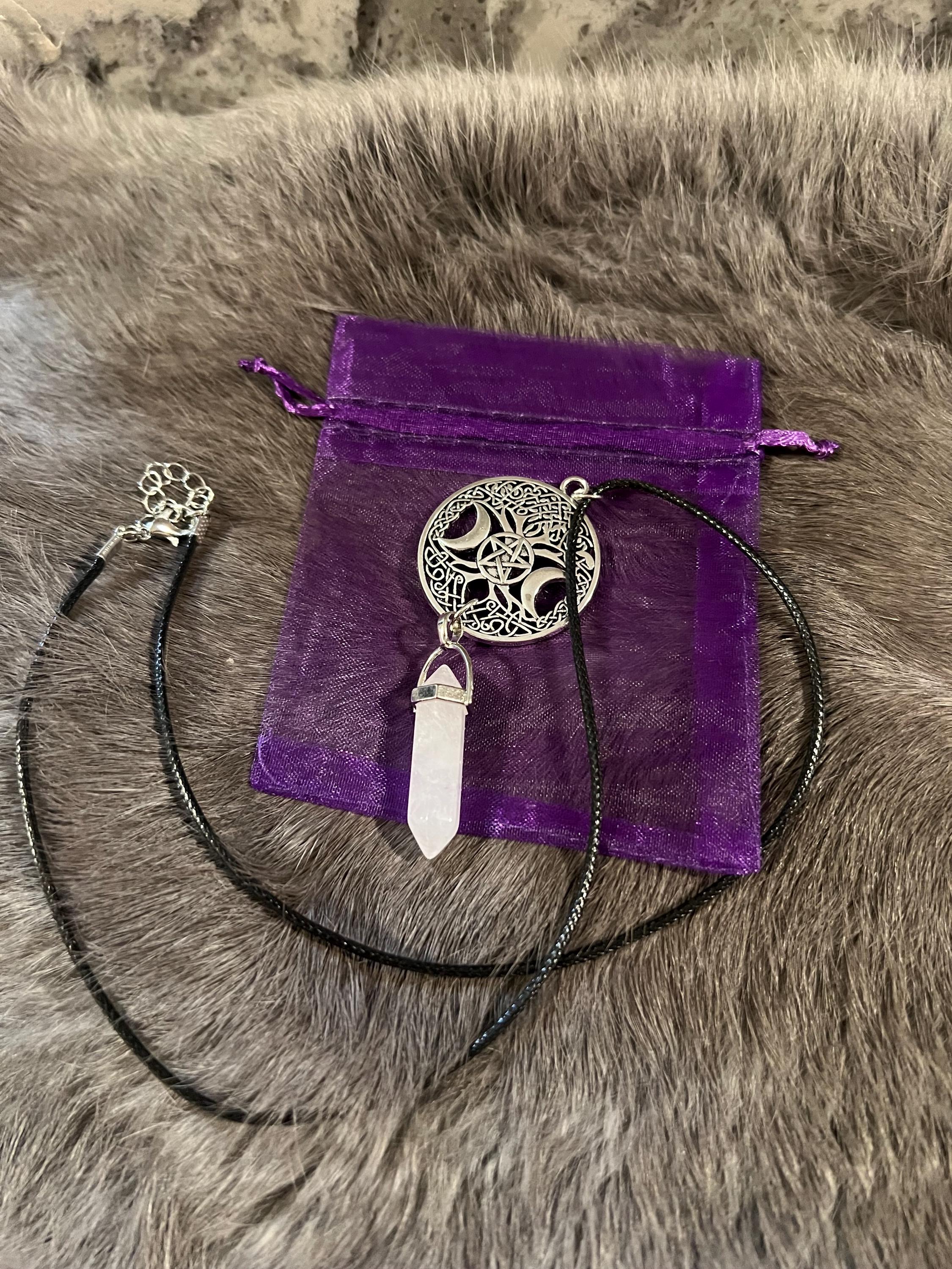 Triple Moon Pentacle Necklace: Quartz Witchy Pendant