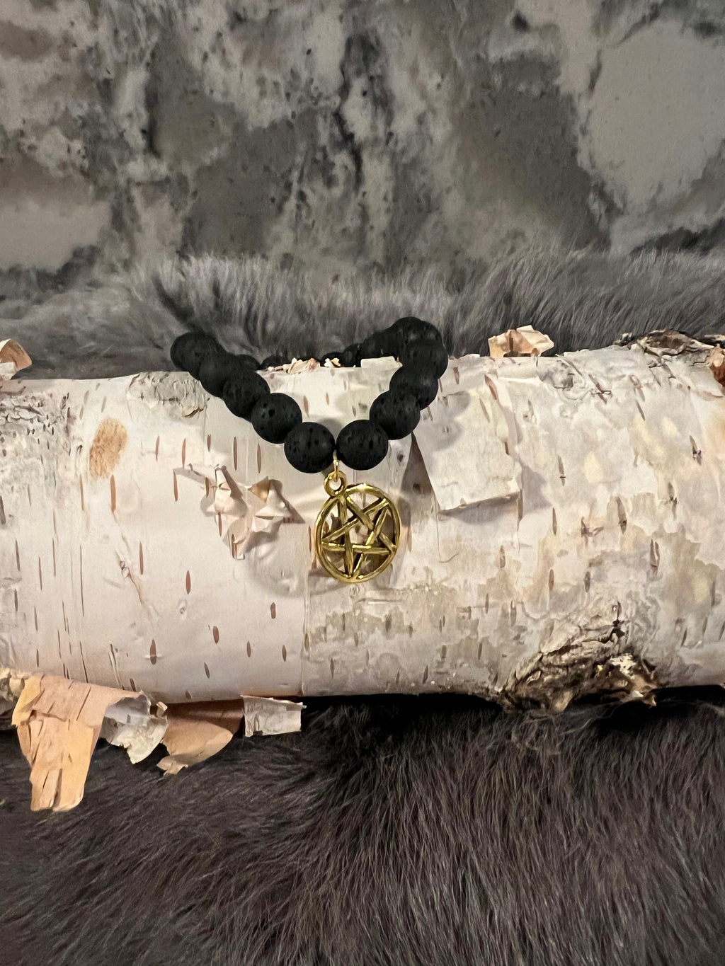 Hand Beaded Lava Stone Bracelet with Pentacle Charm