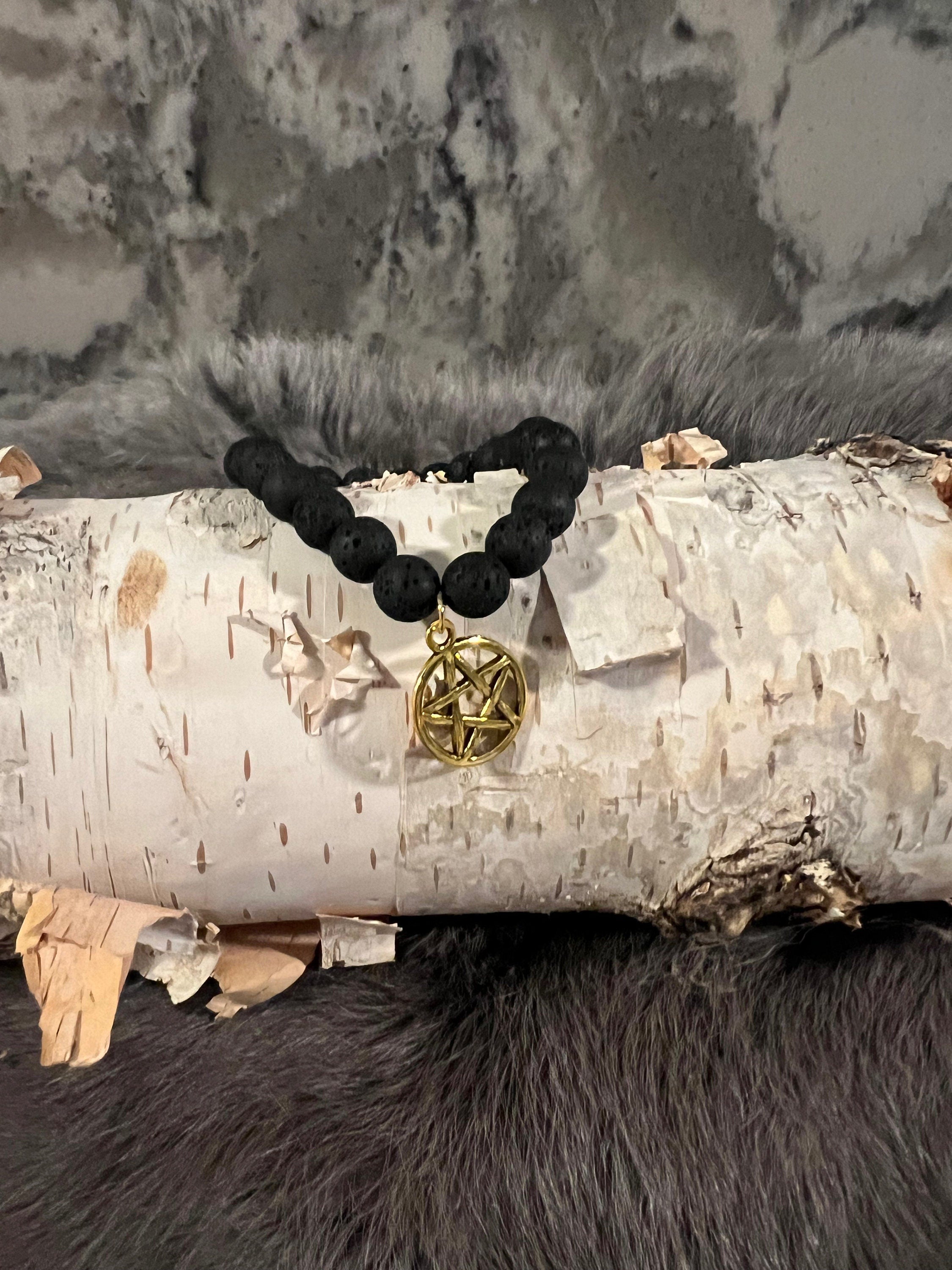 Hand Beaded Lava Stone Bracelet with Pentacle Charm