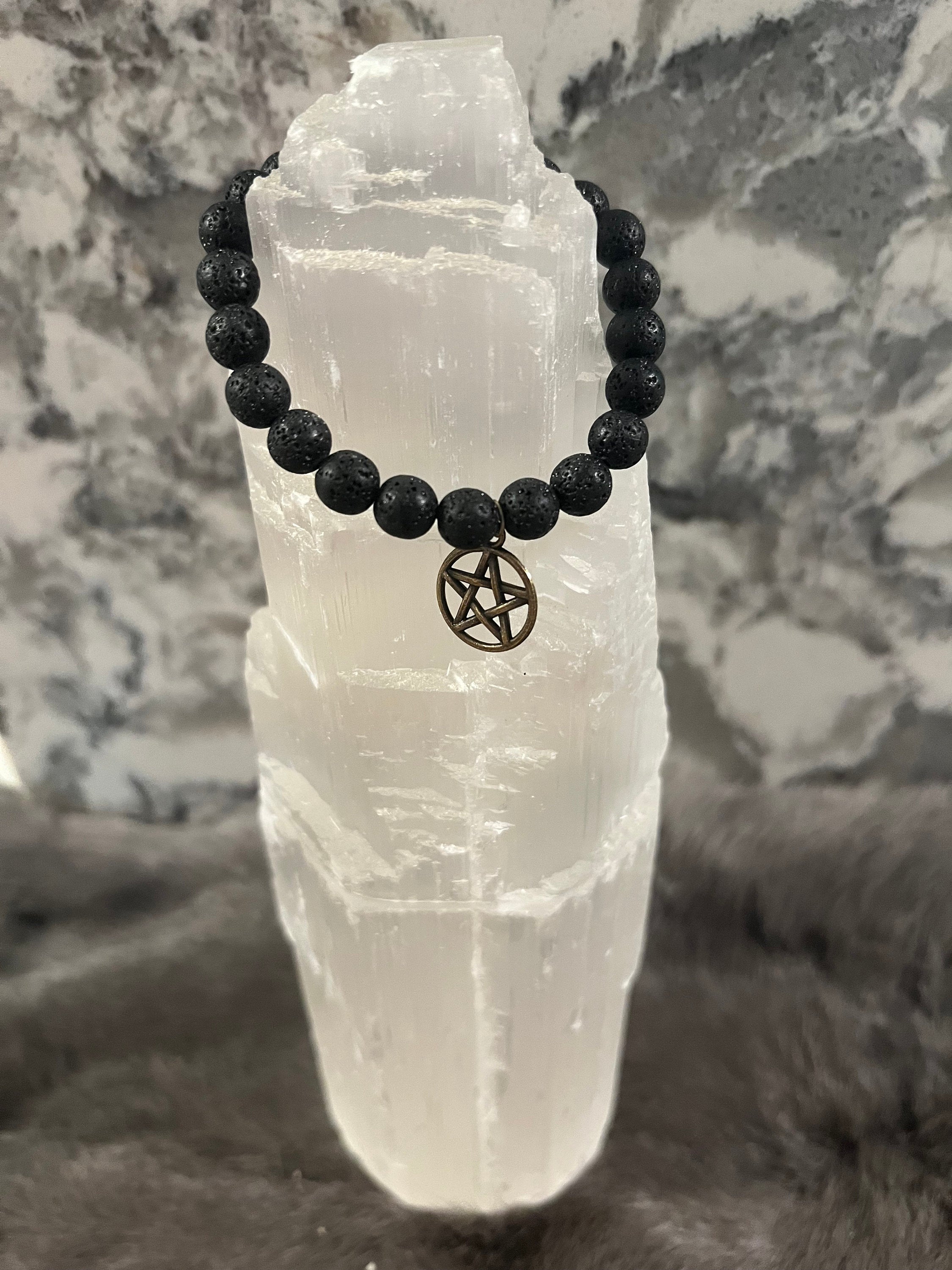 Hand Beaded Lava Stone Bracelet with Pentacle Charm