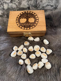 Quartz Rune Set - Gold Etched Elder Futhark, Yggdrasil Box