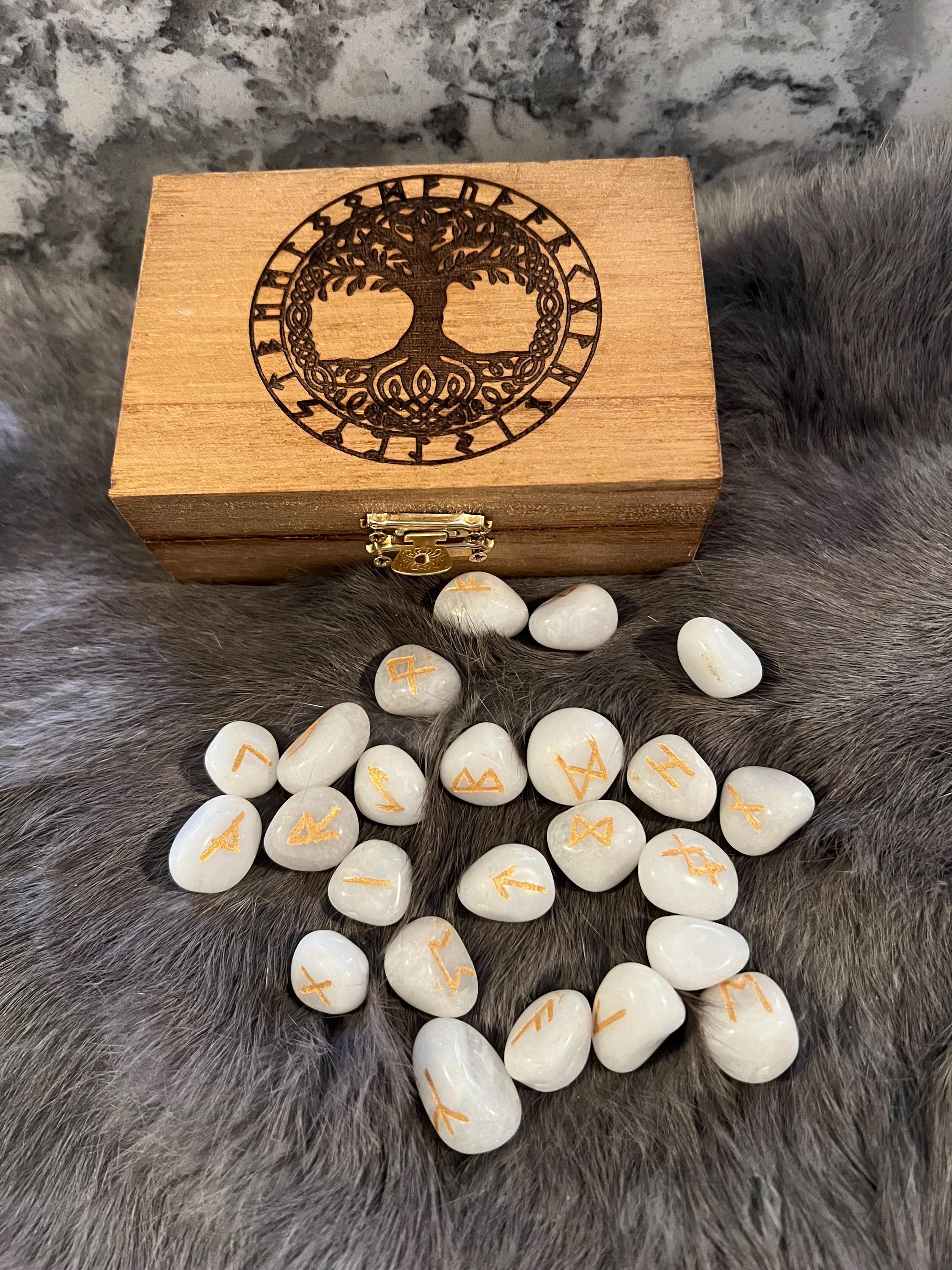 Quartz Rune Set - Gold Etched Elder Futhark, Yggdrasil Box
