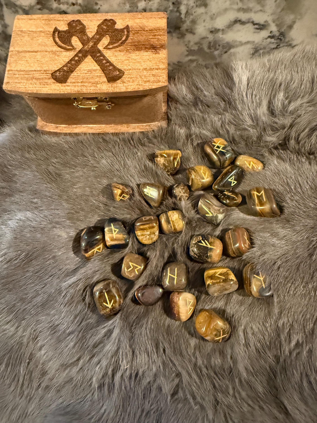 Gemstone Rune Set: Elder Futhark Runes With Crossed Viking Axes Etched Wooden Box