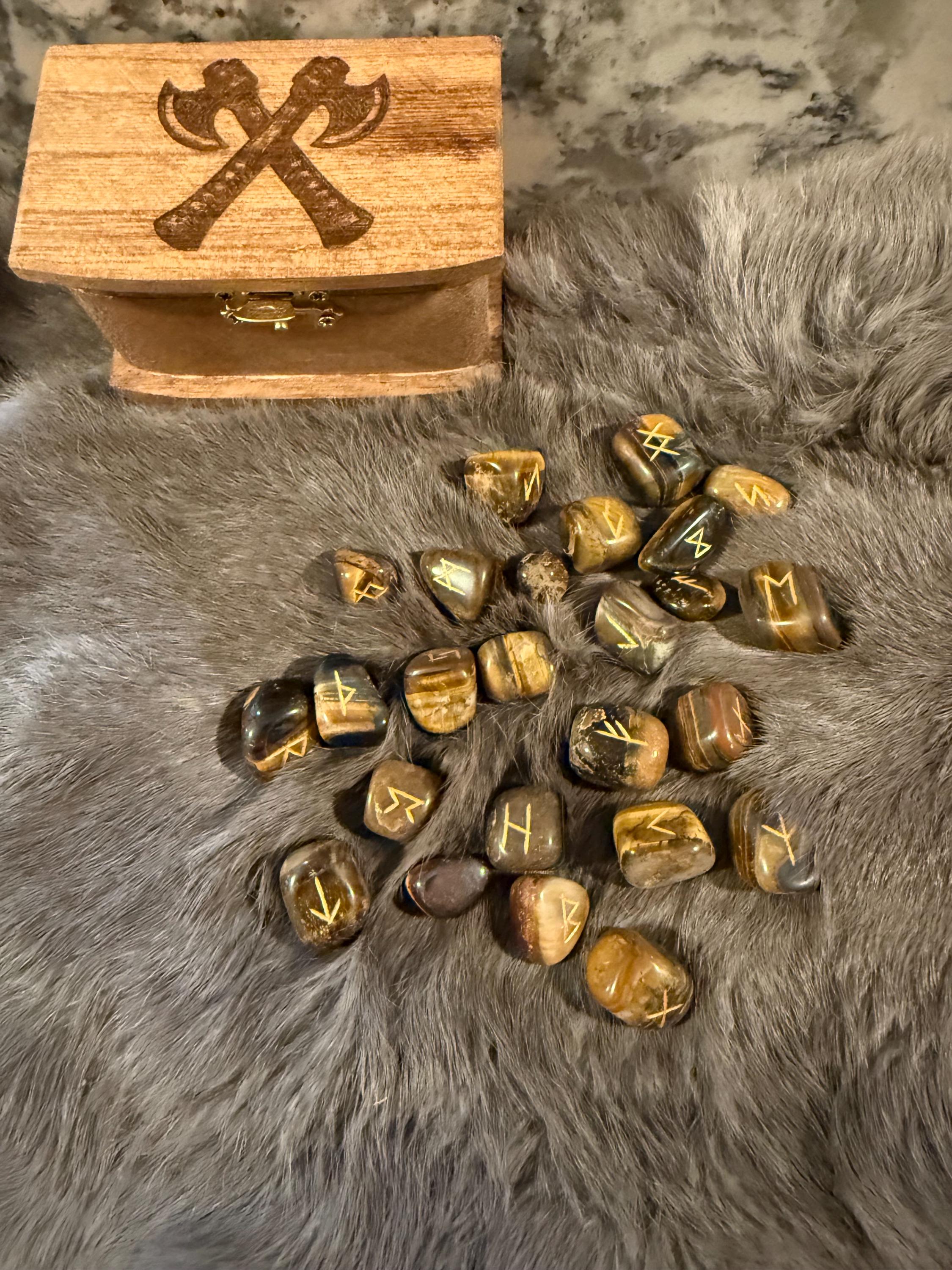 Gemstone Rune Set: Elder Futhark Runes With Crossed Viking Axes Etched Wooden Box