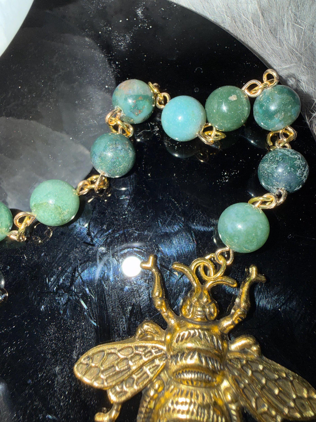 Brigid Deity Prayer Beads: Moss Beads, Bee Charm, Sheep's Wool
