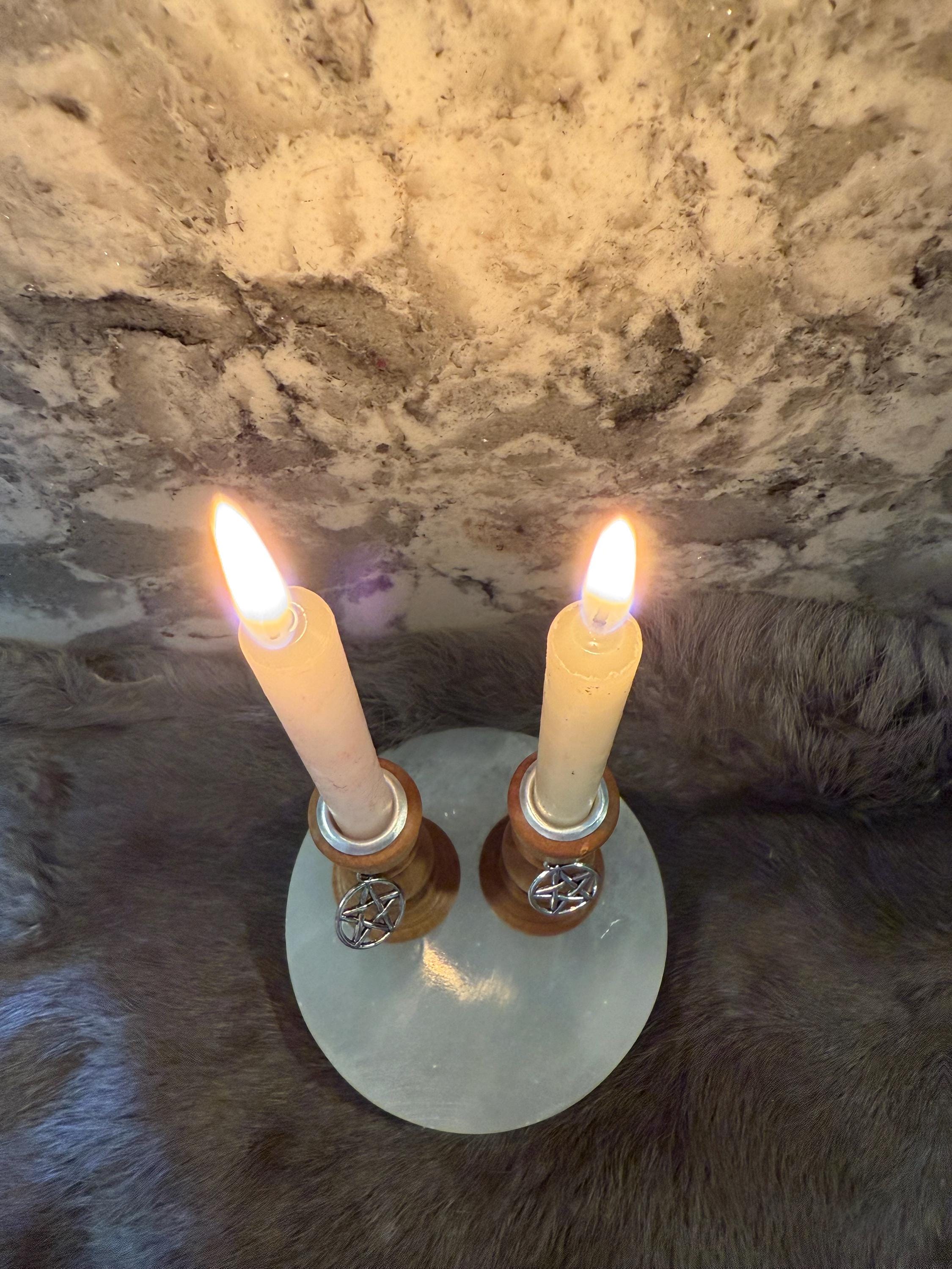 Wooden Chime Candle Holder: Golden Walnut Altar Decor with Pentacle Charm