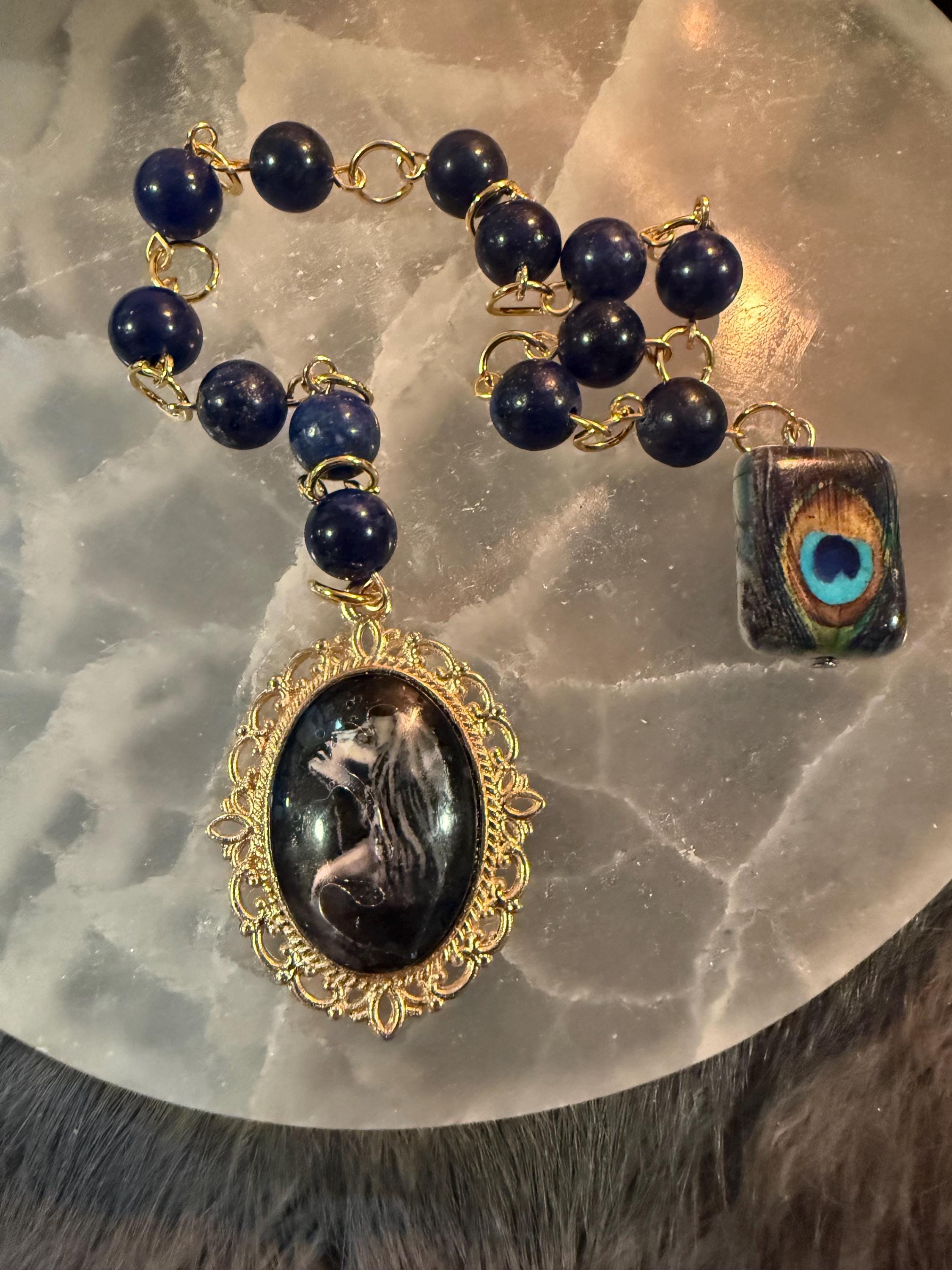 Hera Prayer Beads: Lapis Lazuli Goddess Rosary, Peacock Accent