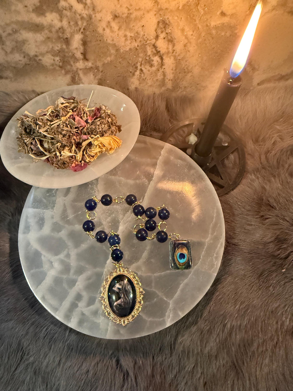 Hera Prayer Beads: Lapis Lazuli Goddess Rosary, Peacock Accent