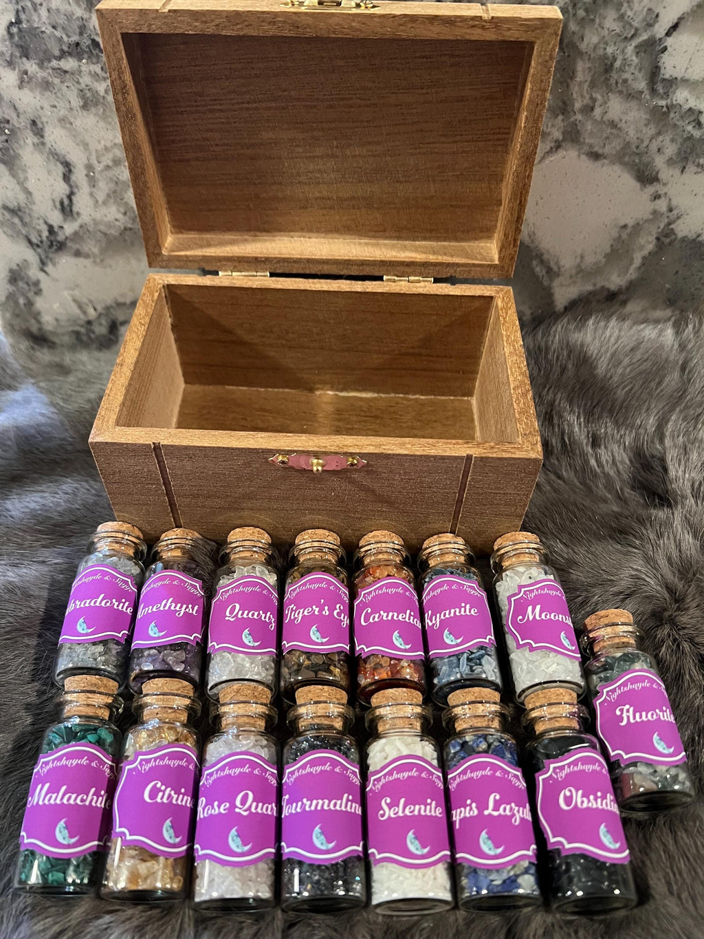 Witchy Crystal Starter Kit: 15 Mini Spell Bottles in Etched Box