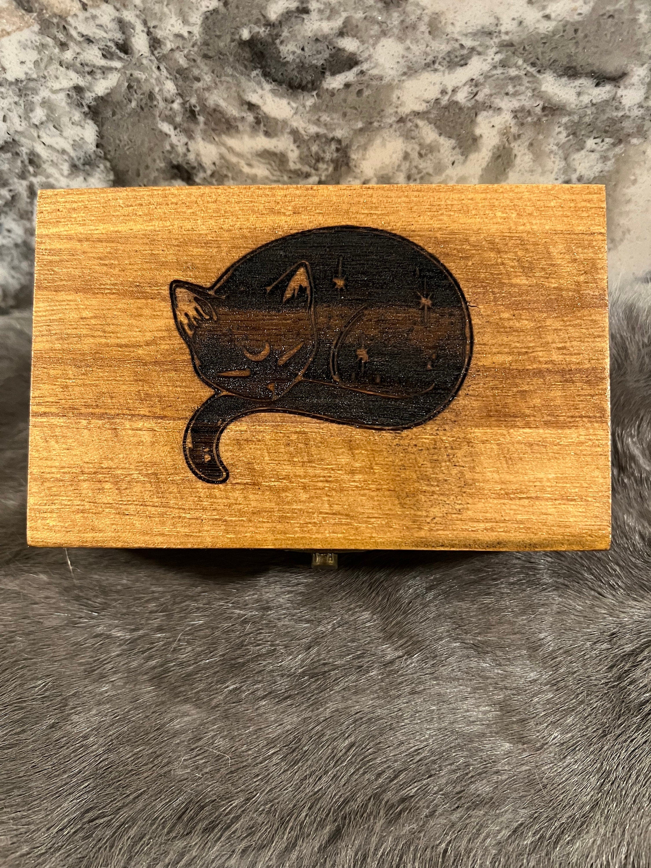 Etched Wood Tarot Card Box: Altar Box with Sleeping Cat