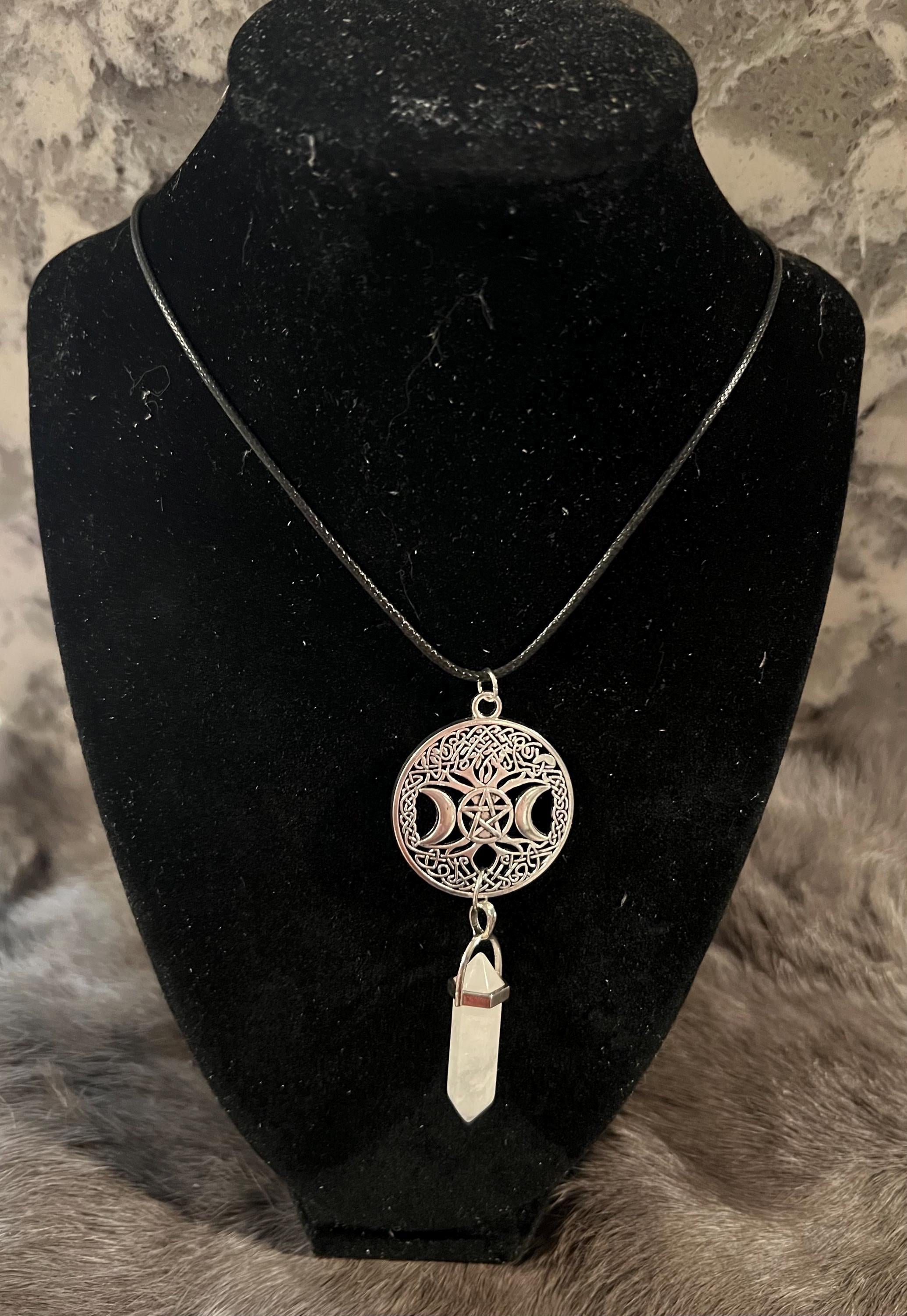 Triple Moon Pentacle Necklace: Quartz Witchy Pendant