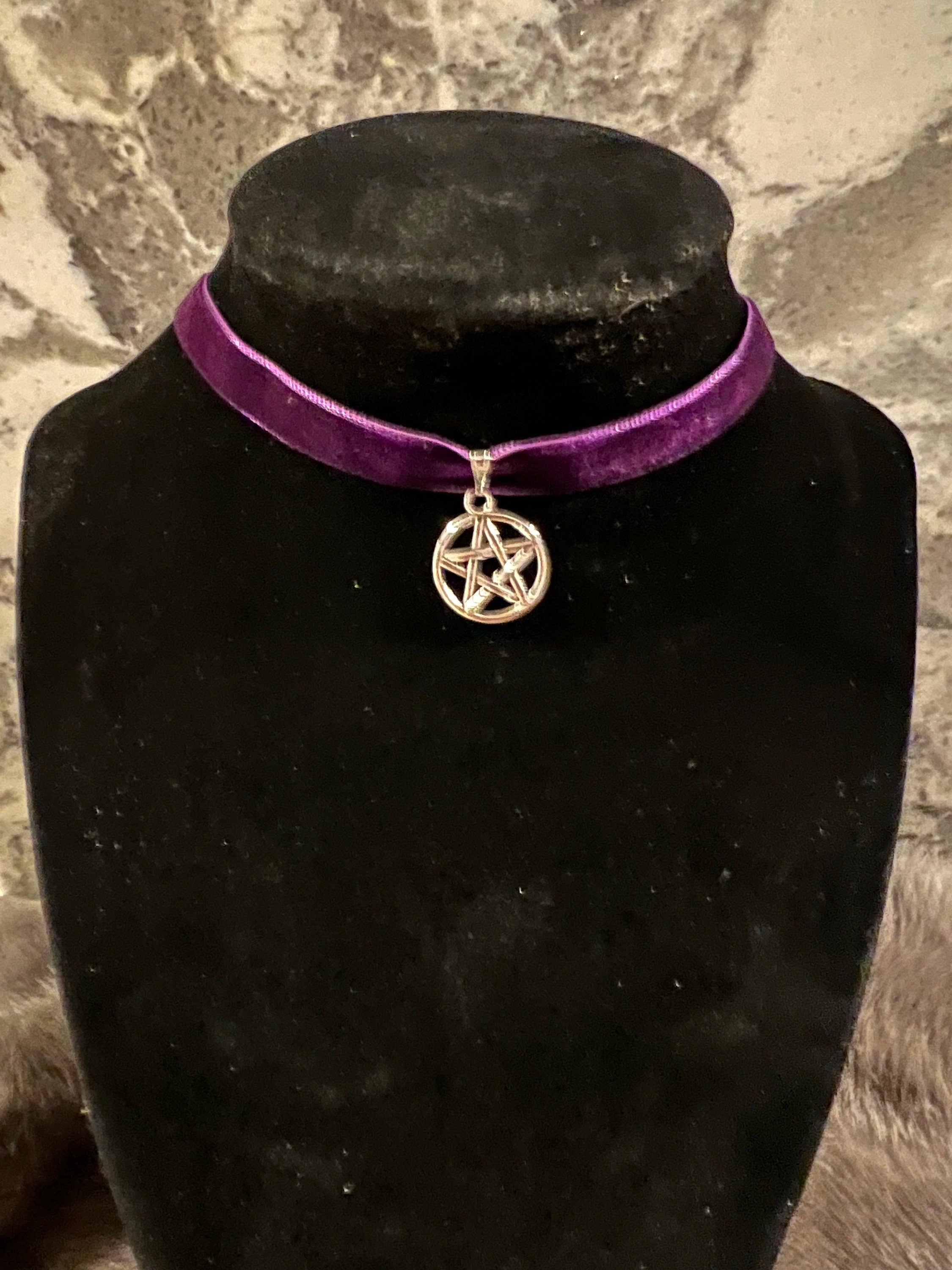 Velvet Pentacle Choker: Witchy Silver Pendant Necklace