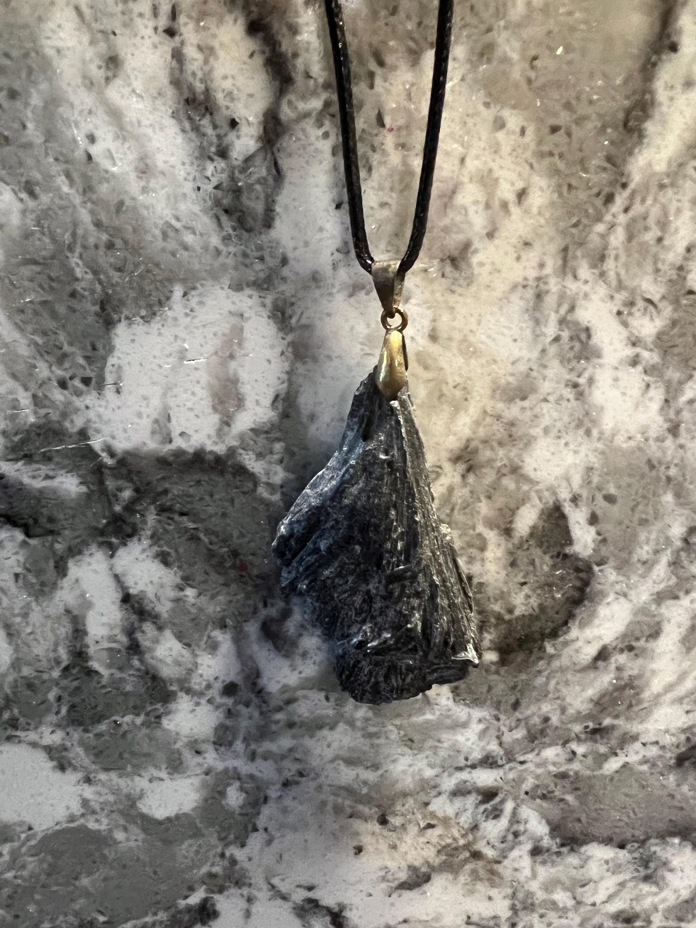 Black Kyanite Broom Pendant Necklace - Witchy Gemstone Jewelry