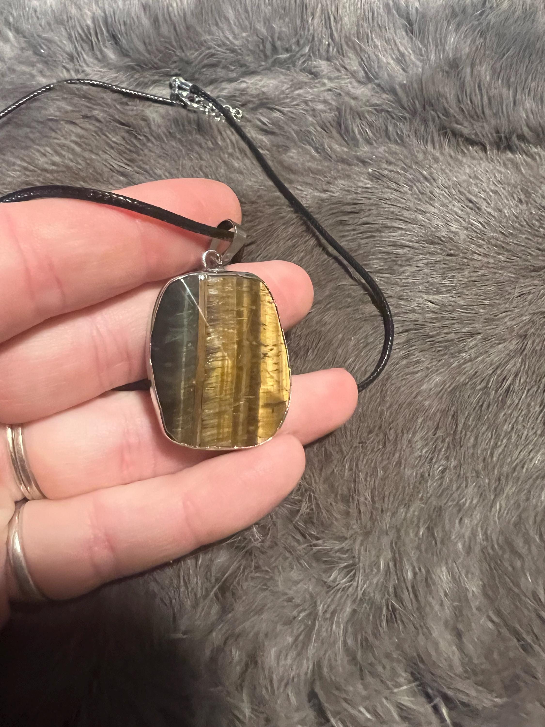 Silver Wrapped Tiger's Eye Pendant Necklace - Leather Cord