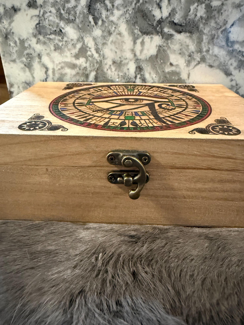 Eye of Ra Altar Box: Wood Burned Mosaic, Deity Storage
