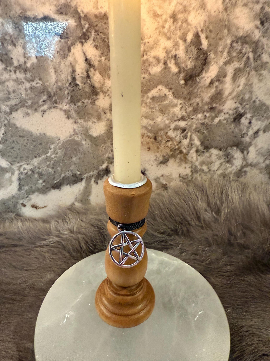 Wooden Chime Candle Holder: Golden Walnut Altar Decor with Pentacle Charm