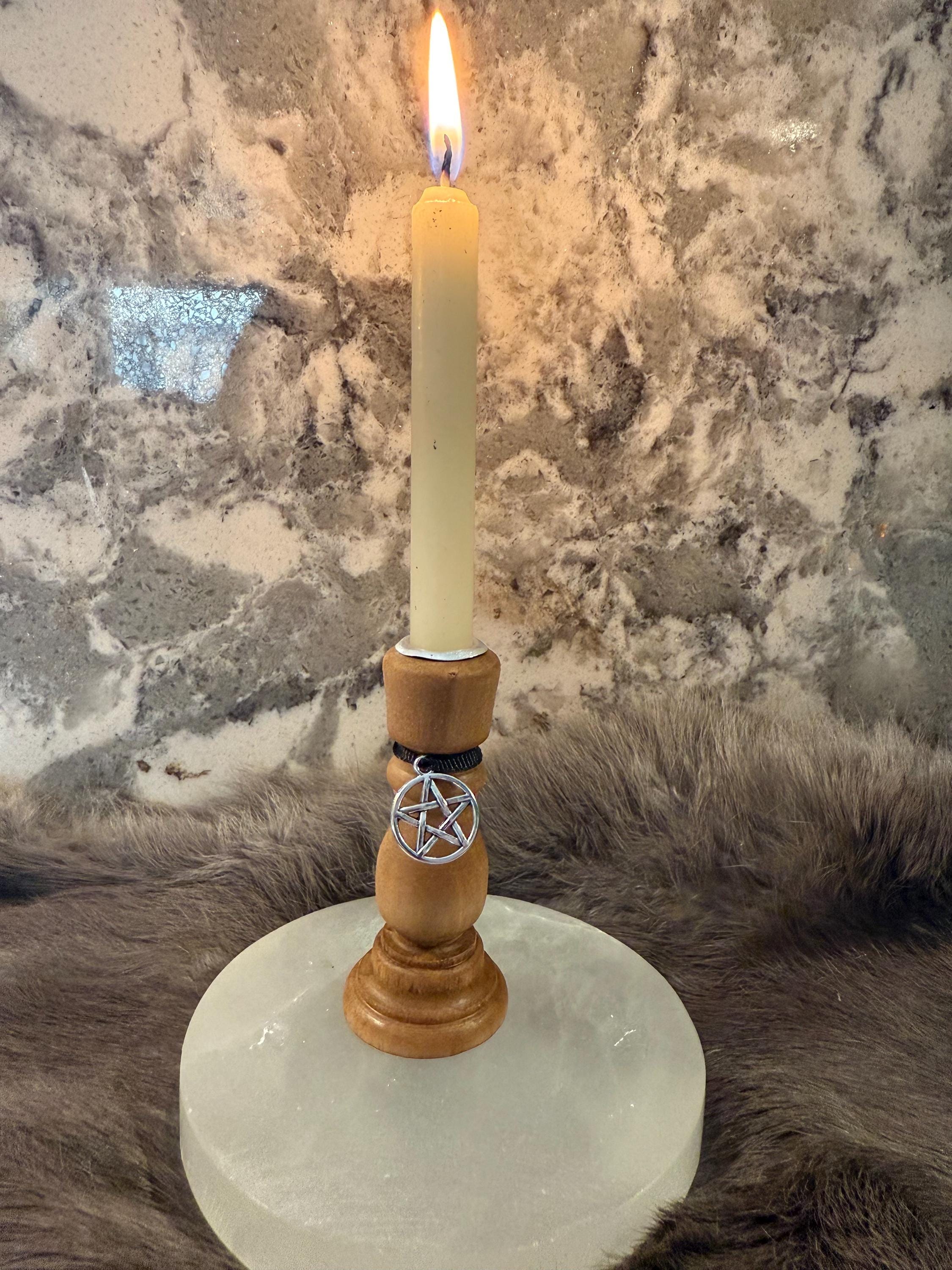 Wooden Chime Candle Holder: Golden Walnut Altar Decor with Pentacle Charm