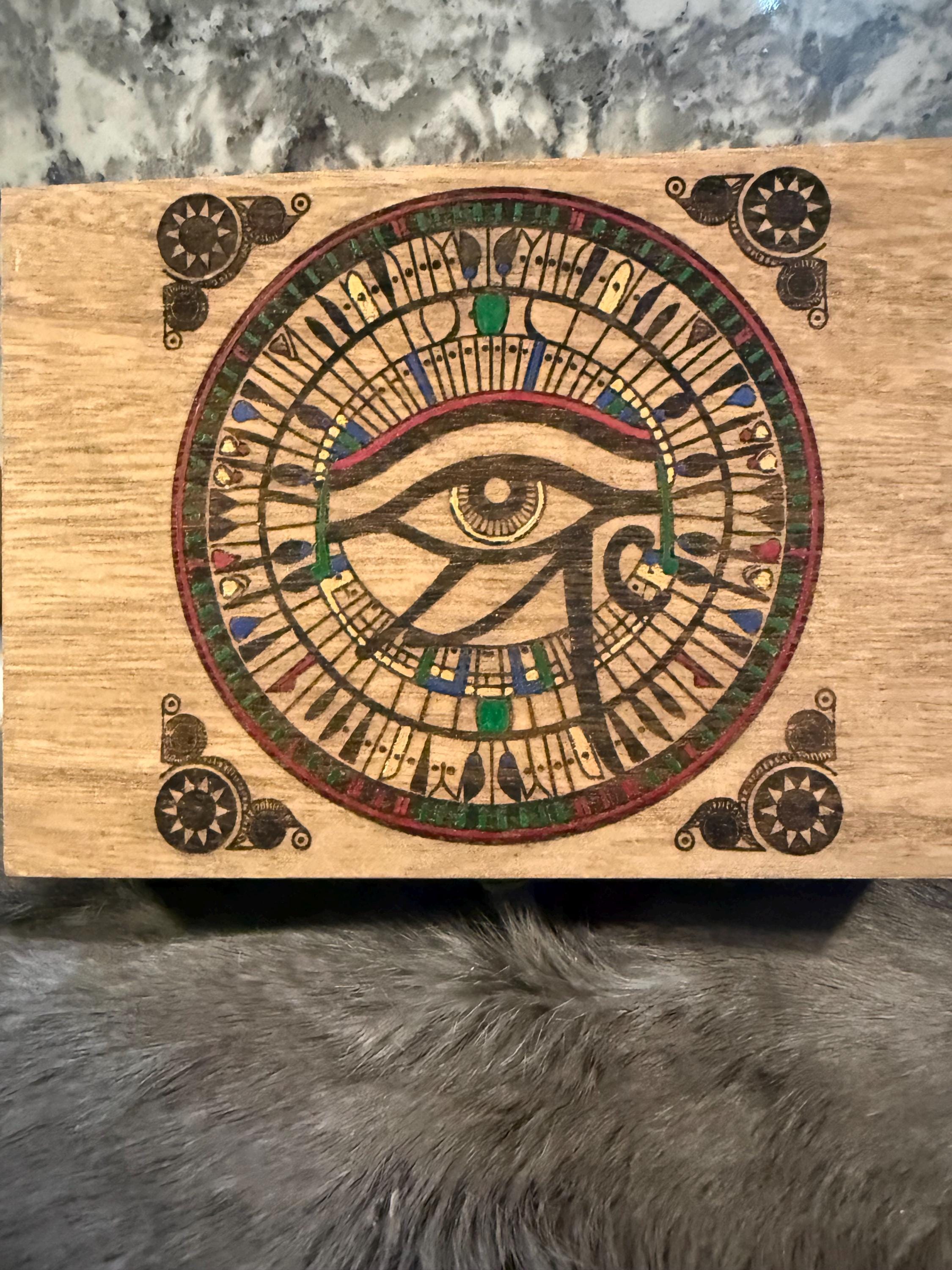 Eye of Ra Altar Box: Wood Burned Mosaic, Deity Storage