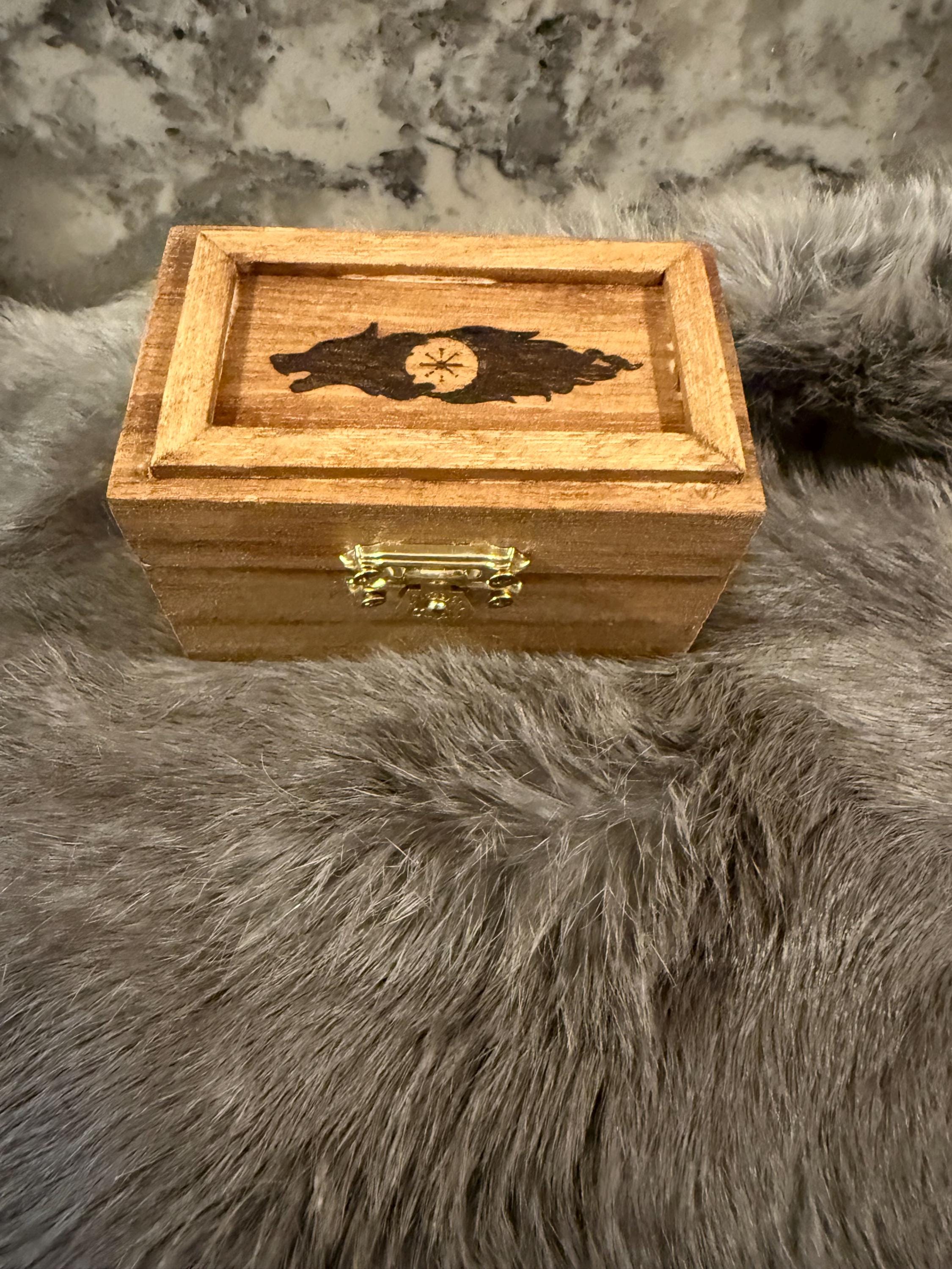 Gemstone Rune Set: Elder Futhark Runes With Fenrir Etched Wooden Box