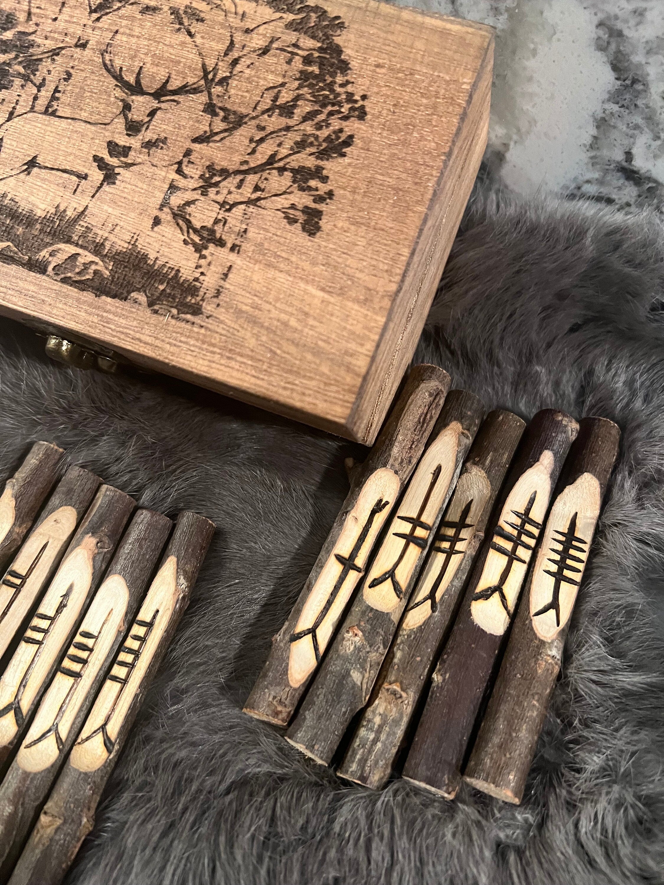 Hand Carved Wooden Celtic Ogham Set: Druid Divination Staves