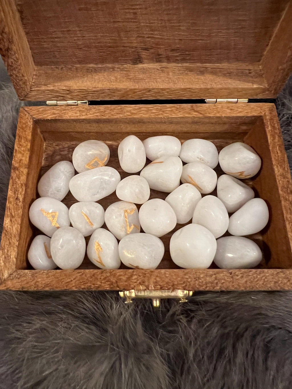 Quartz Rune Set - Gold Etched Elder Futhark, Yggdrasil Box