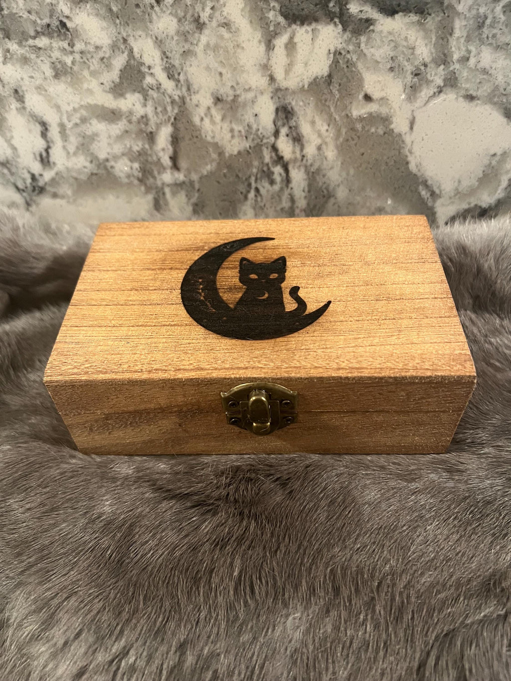 Etched Wood Tarot Card Box: Altar Box with Cat & Moon Design