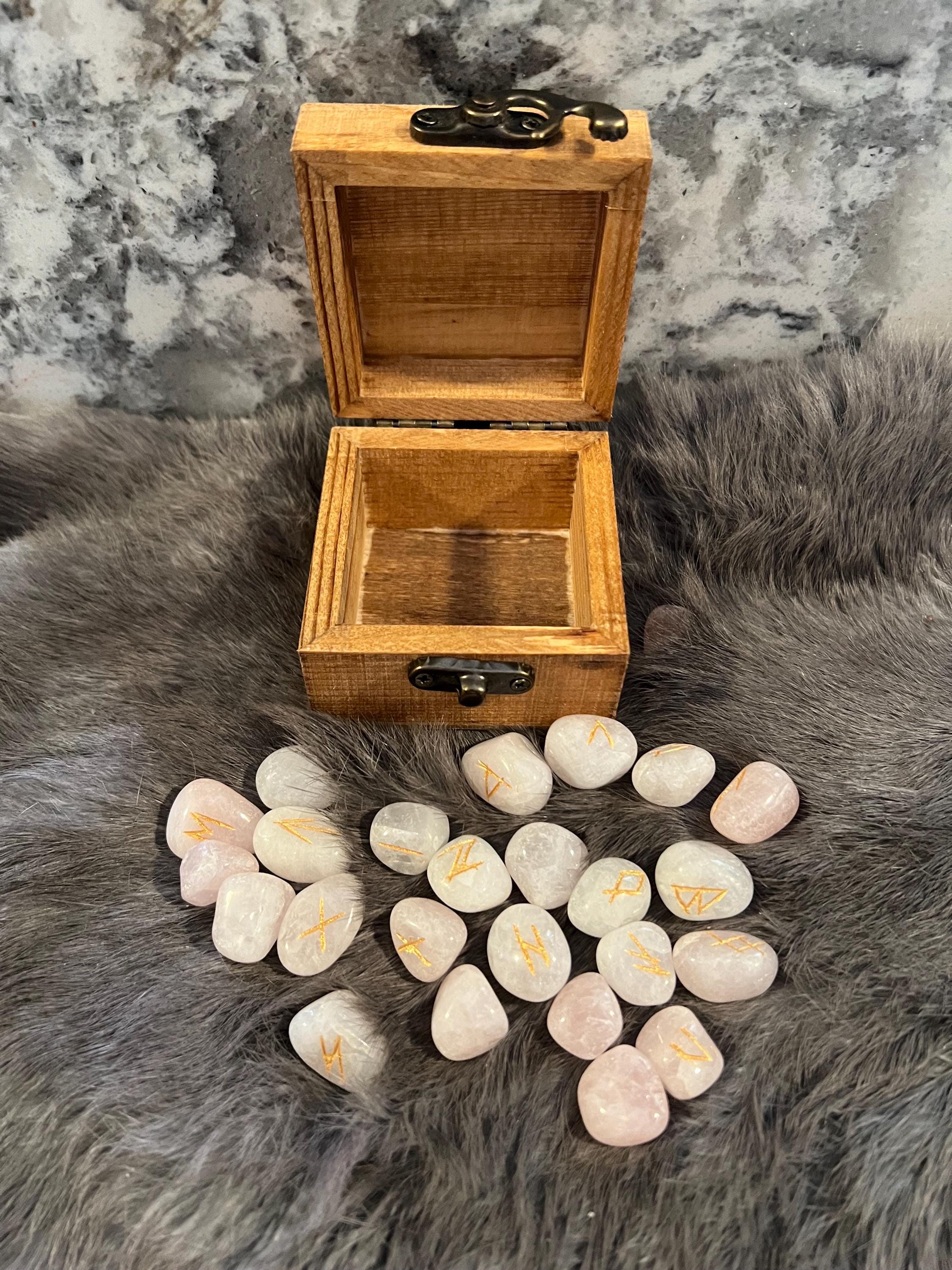 Rose Quartz Elder Futhark Rune Set – Etched Gold, Freya Box