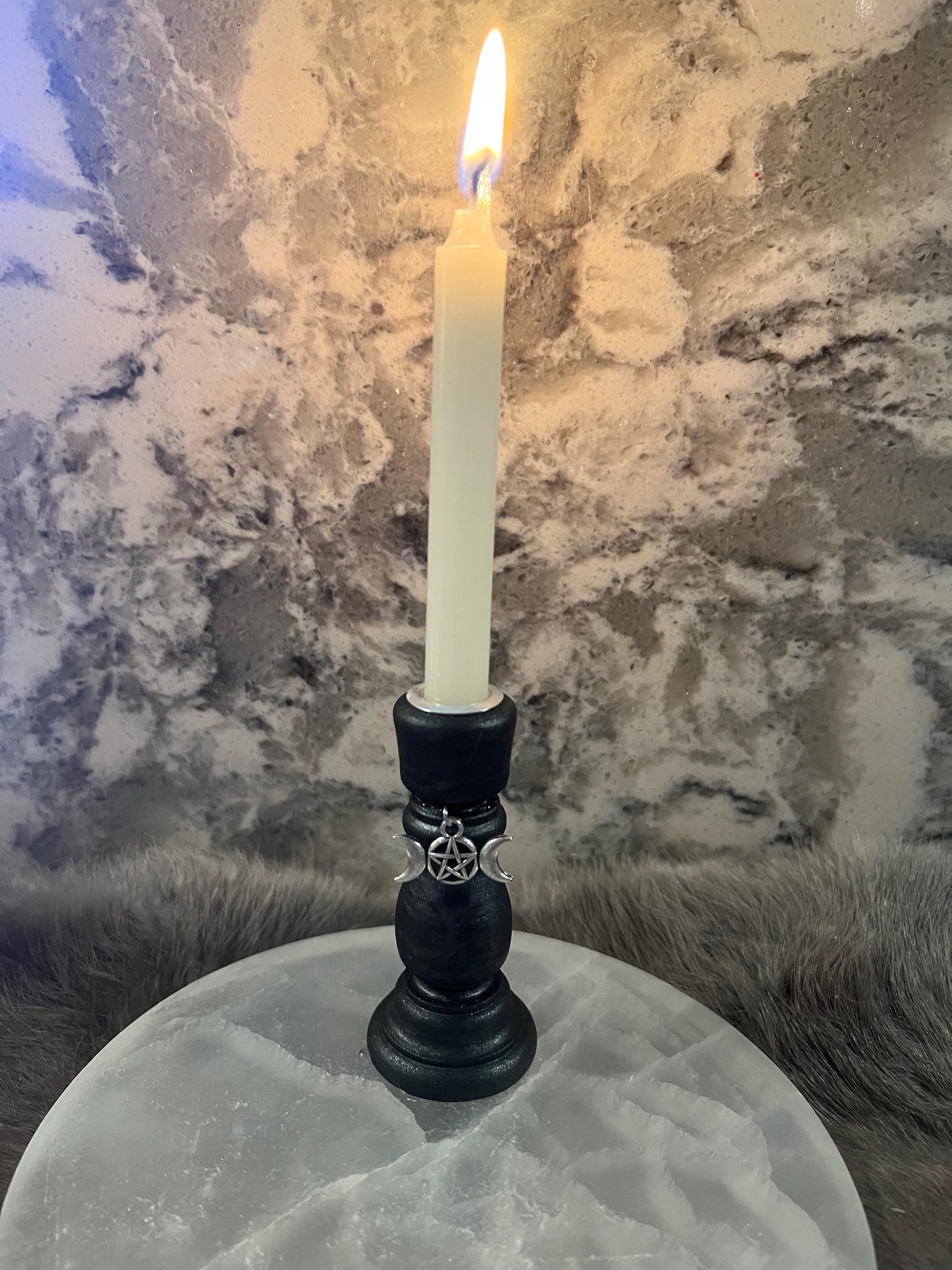 Wooden Chime Candle Holder: Ebony Black Altar Decor with Charm