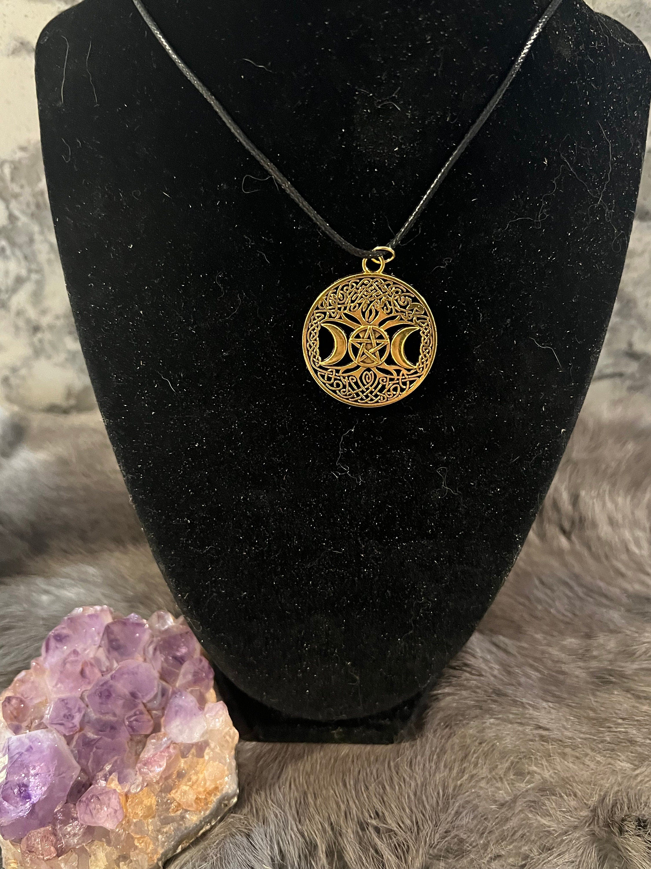 Triple Moon Pentacle Pendant Necklace: Witchy Pagan Jewelry