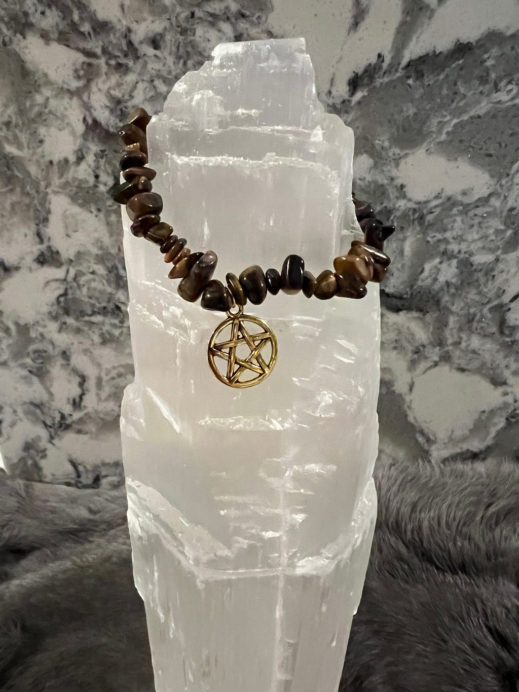 Tiger's Eye Chip Bracelet: Hand Beaded Gemstone Pentacle Charm