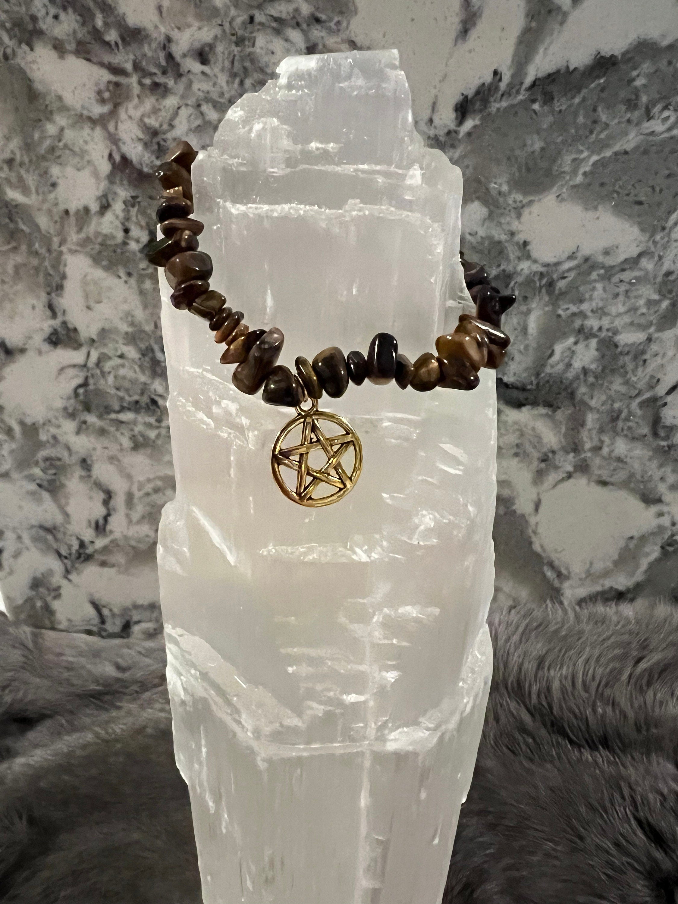 Tiger's Eye Chip Bracelet: Hand Beaded Gemstone Pentacle Charm