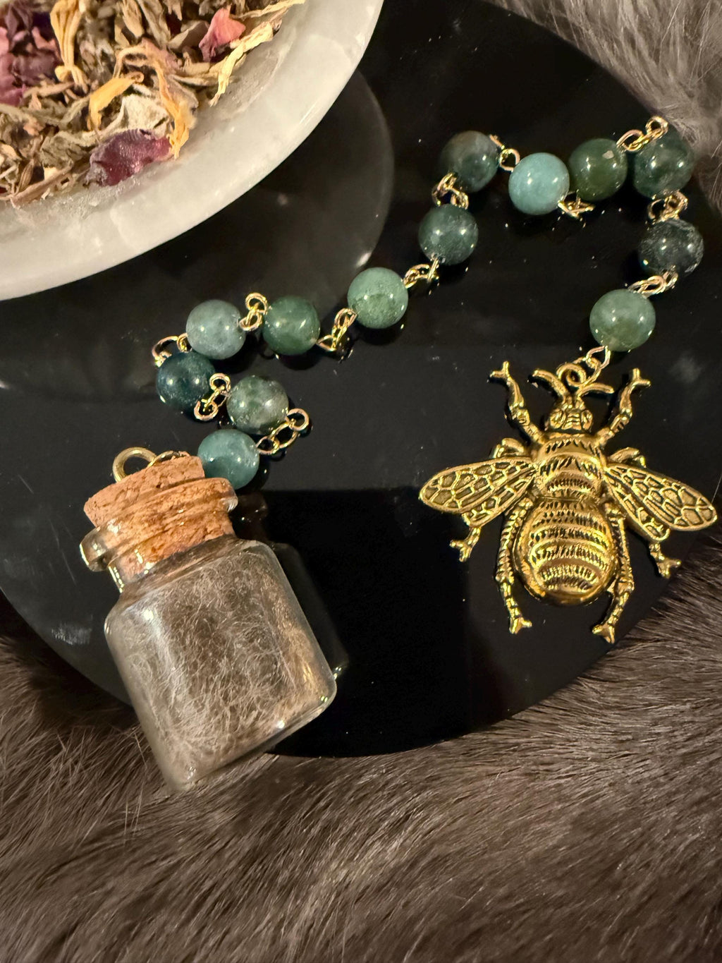 Brigid Deity Prayer Beads: Moss Beads, Bee Charm, Sheep's Wool
