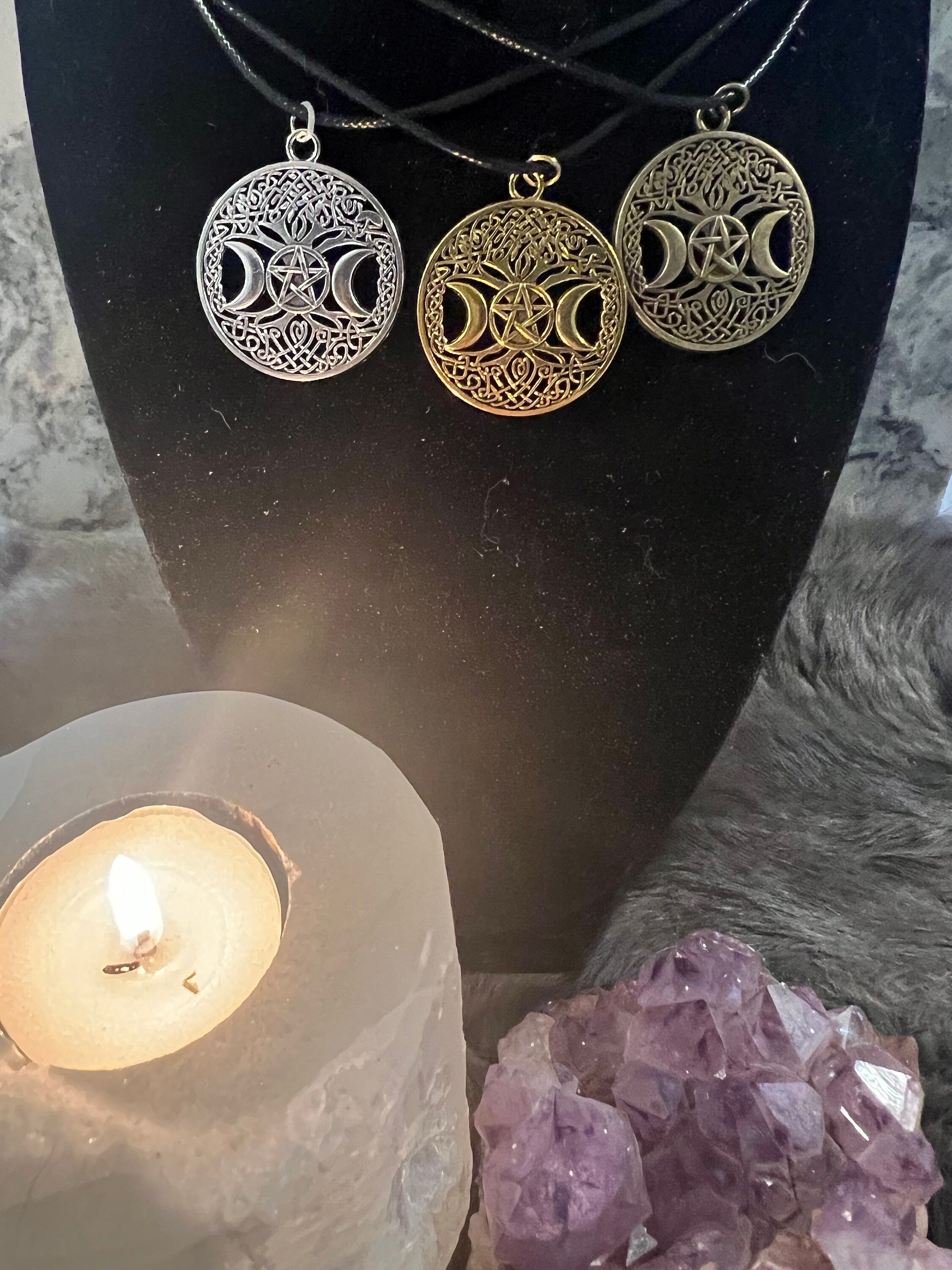 Triple Moon Pentacle Pendant Necklace: Witchy Pagan Jewelry