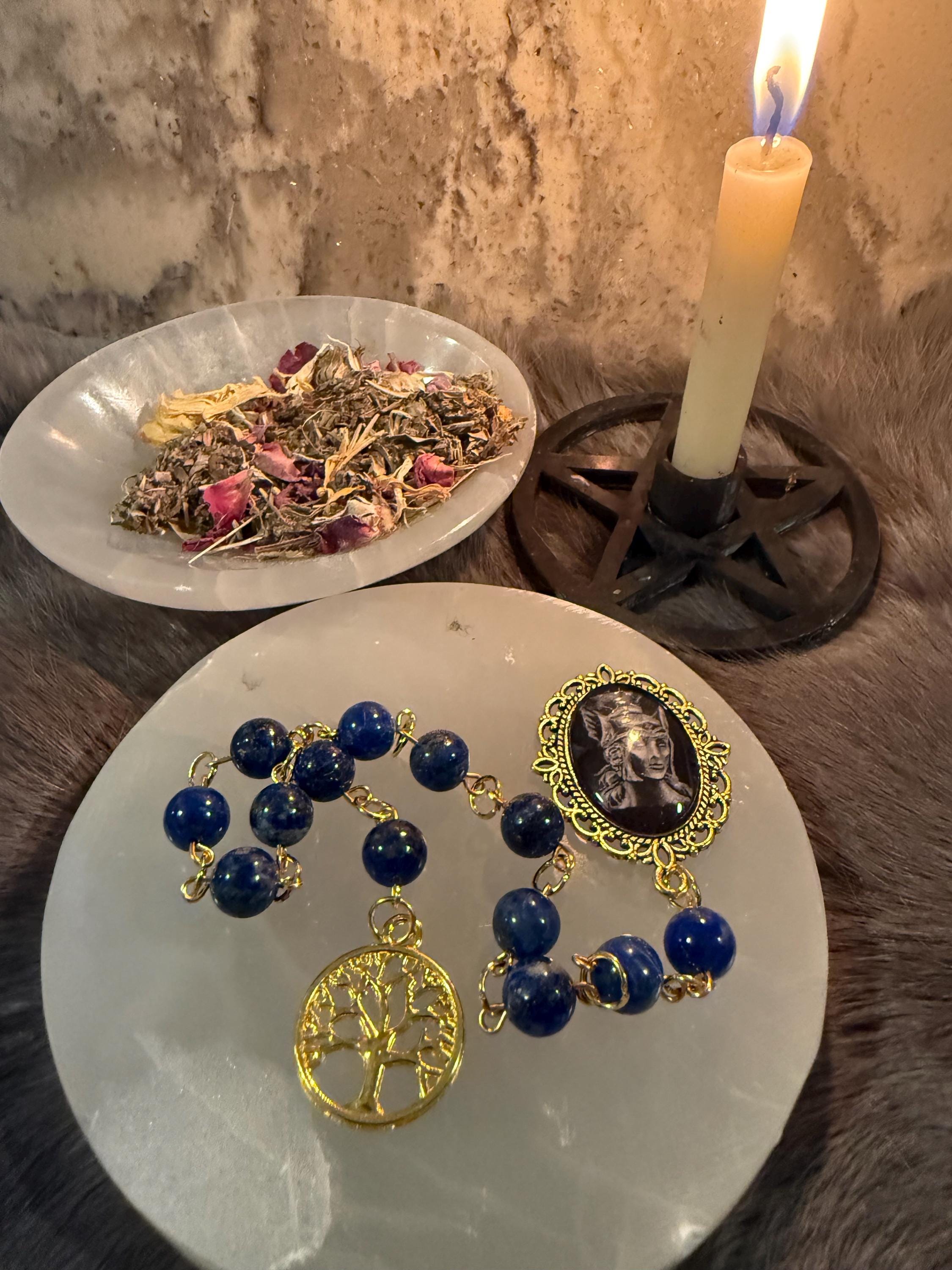 Athena Prayer Beads: Lapis Lazuli Diety Set with Olive Tree