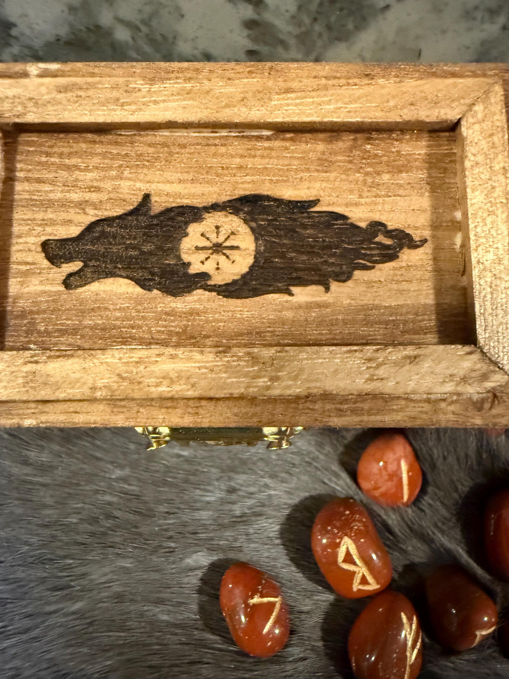 Gemstone Rune Set: Elder Futhark Runes With Fenrir Etched Wooden Box