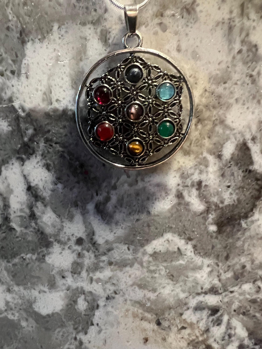 Flower of Life Crystal Grid Necklace: Gemstone Cabochan Pendant