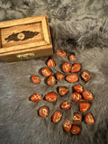Gemstone Rune Set: Elder Futhark Runes With Fenrir Etched Wooden Box