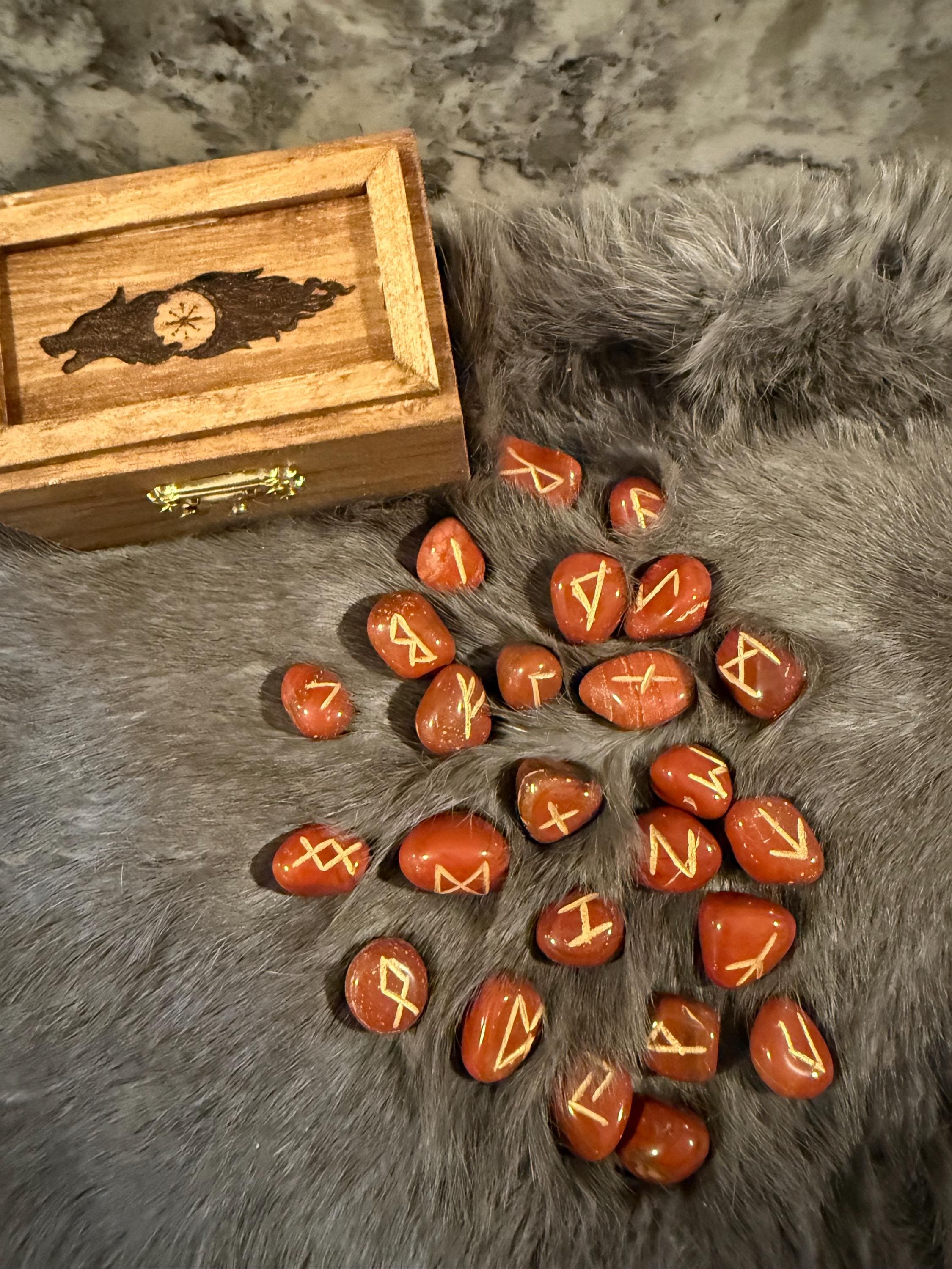 Gemstone Rune Set: Elder Futhark Runes With Fenrir Etched Wooden Box