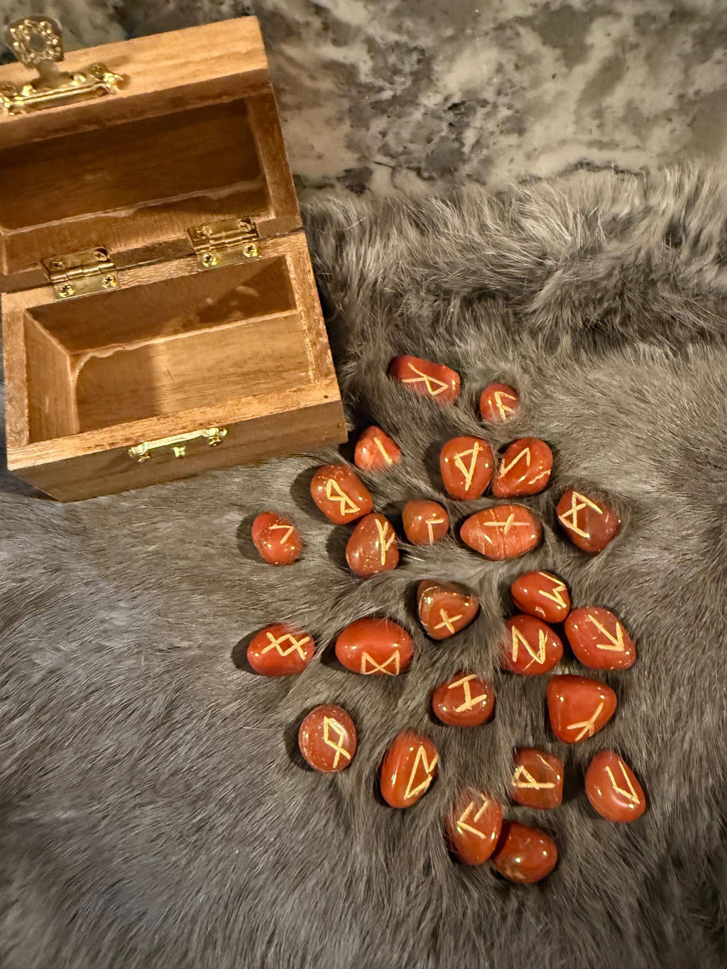Gemstone Rune Set: Elder Futhark Runes With Fenrir Etched Wooden Box