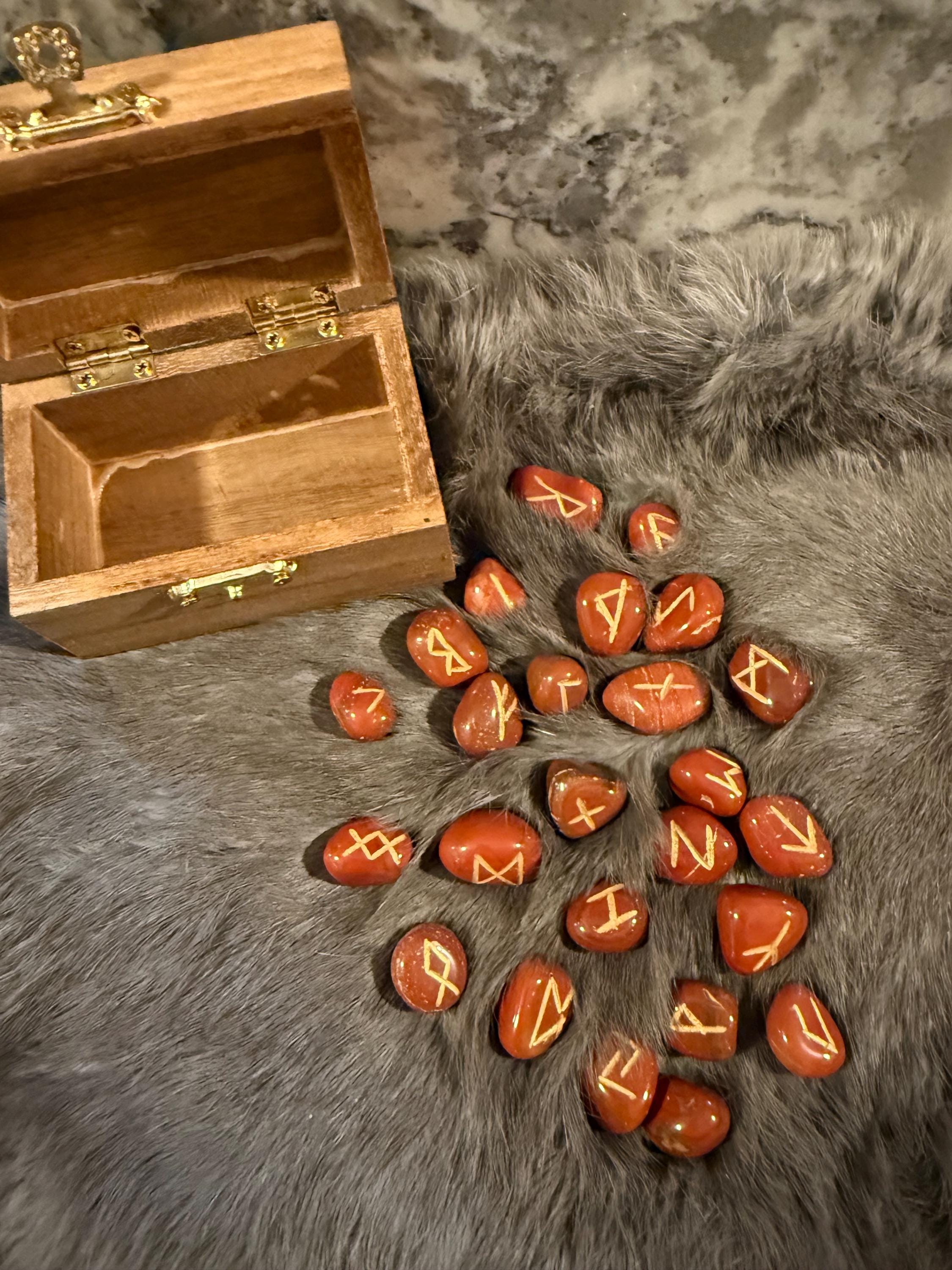 Gemstone Rune Set: Elder Futhark Runes With Fenrir Etched Wooden Box