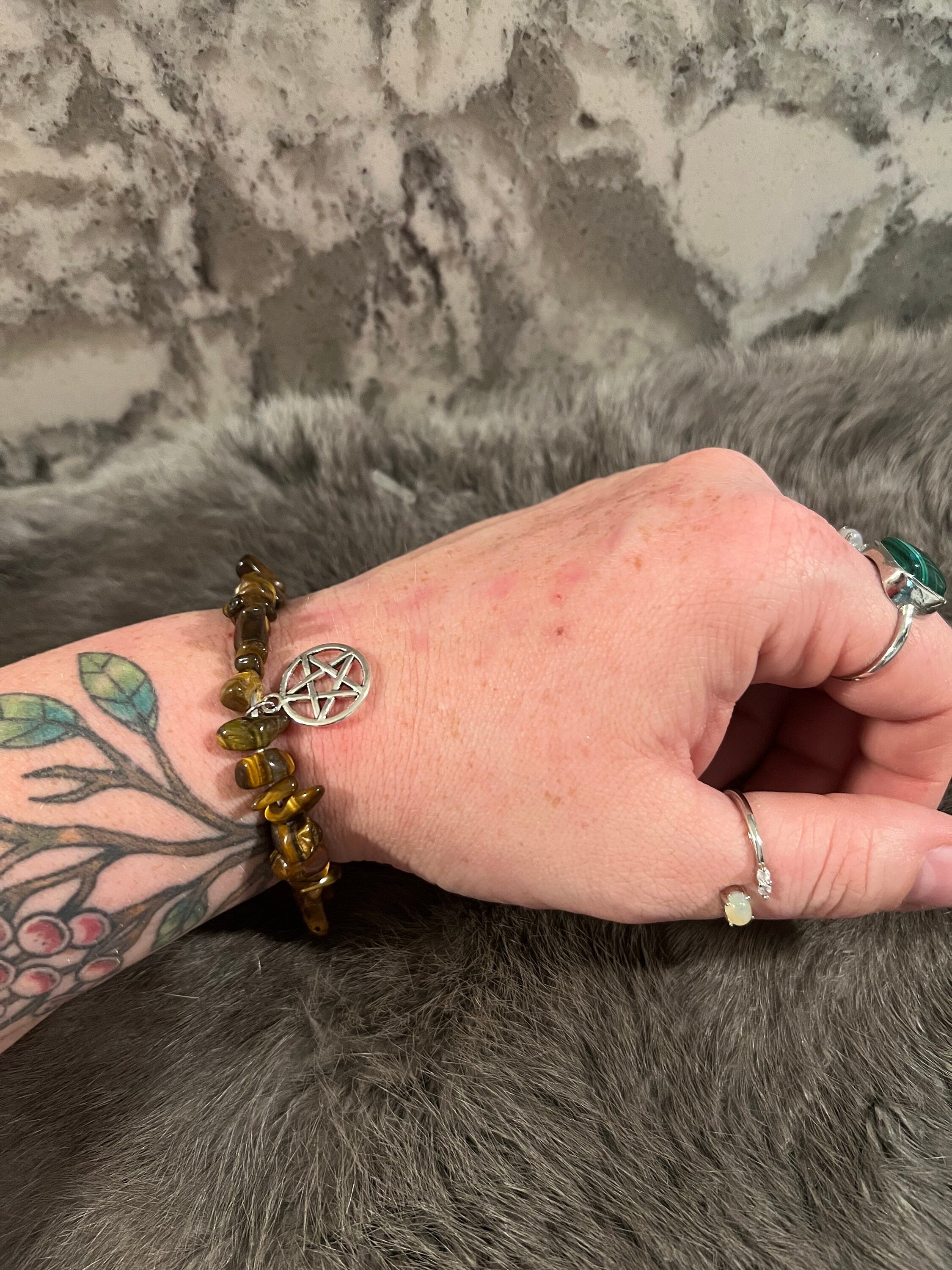Tiger's Eye Chip Bracelet: Hand Beaded Gemstone Pentacle Charm
