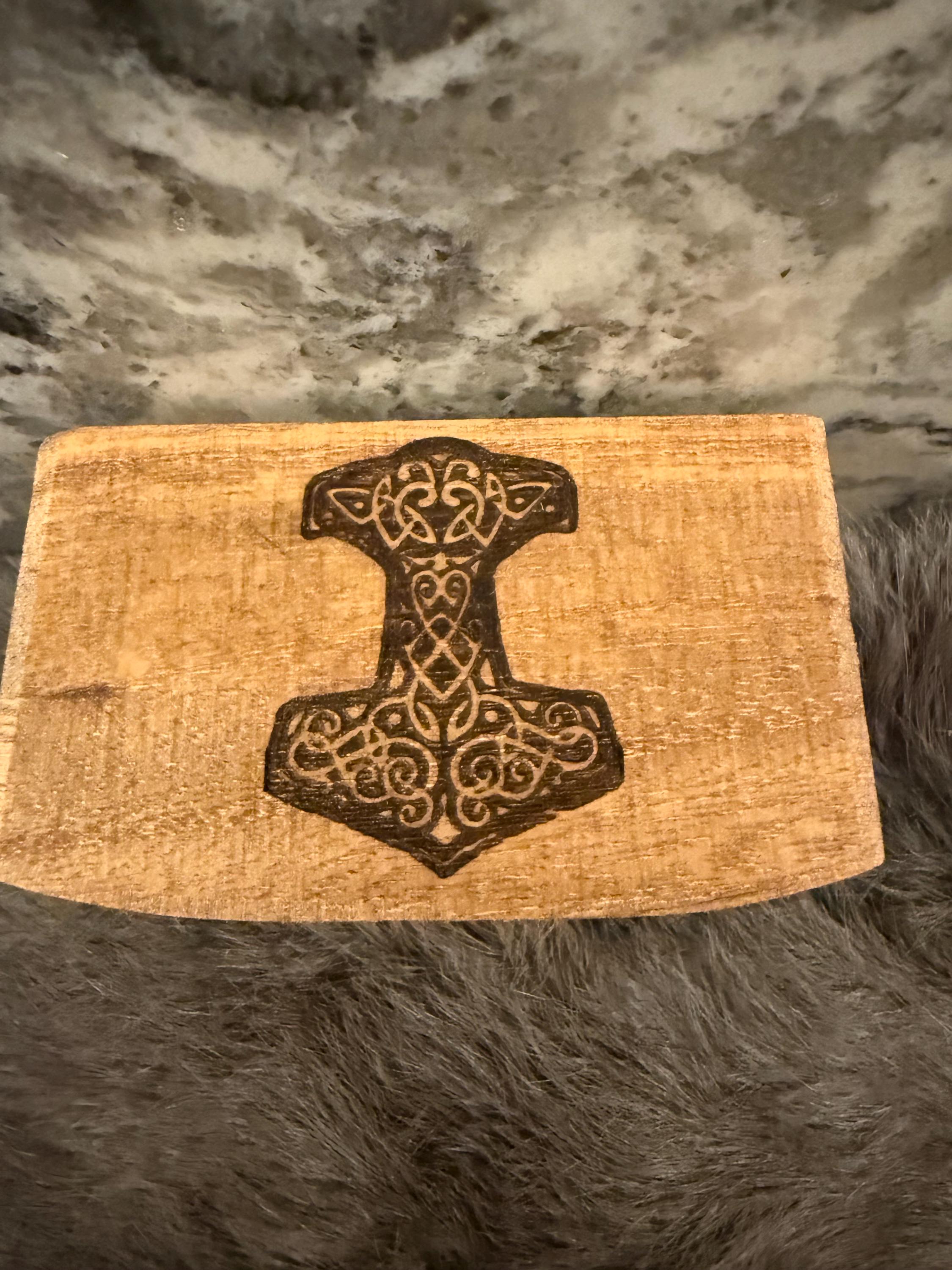 Gemstone Rune Set: Elder Futhark Runes With Thor’s Hammer Etched Wooden Box